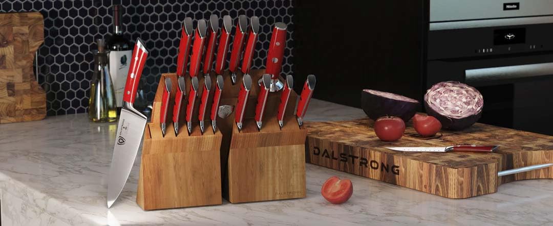 Dalstrong 18-Piece Gladiator Colossal Knife Block Set (Red Handles) — German High-Carbon Steel, Full-Tang, Hand-Sharpened — For Home Chefs, Wedding Registries & Serious Kitchens — Acacia Block, NSF