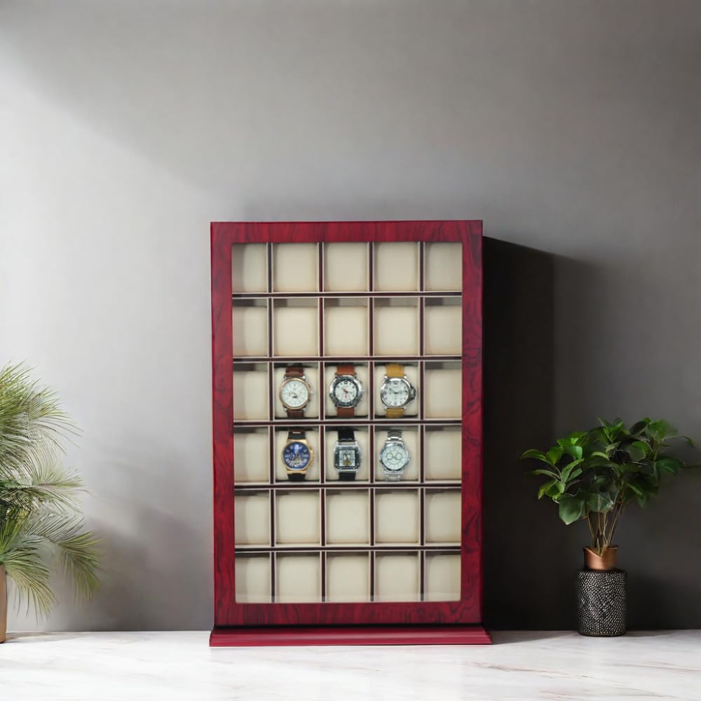 TIMELYBUYS 30 Piece Cherry Wood Watch Display Wall Hanging Case and Storage Organizer Box and Stand Father's Day