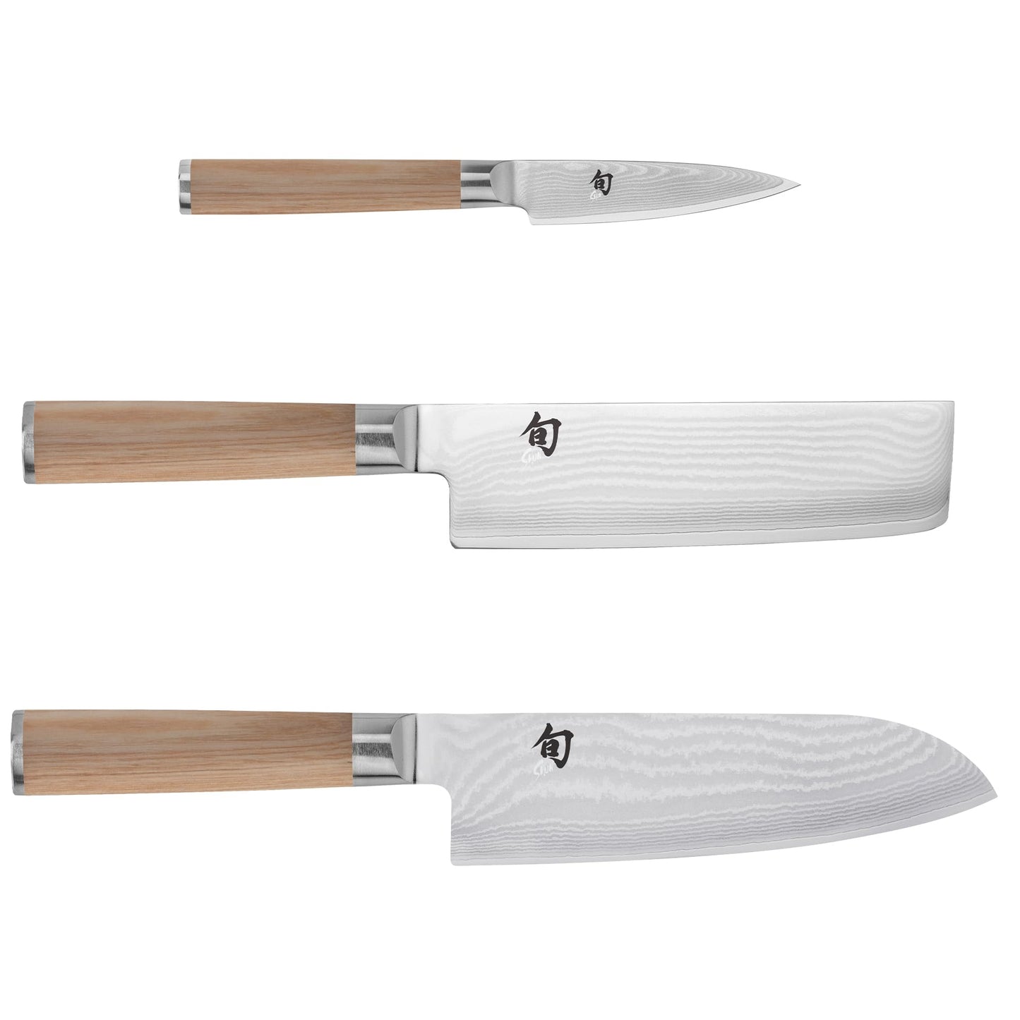 Shun Classic Blonde 3 Piece Japan Starter Set, Includes 7" Santoku, 3.5" Paring & 6.5" Nakiri Knives, Handcrafted Japanese Knife Set, Damascus Stainless Steel Cladding, Pakkawood Handles