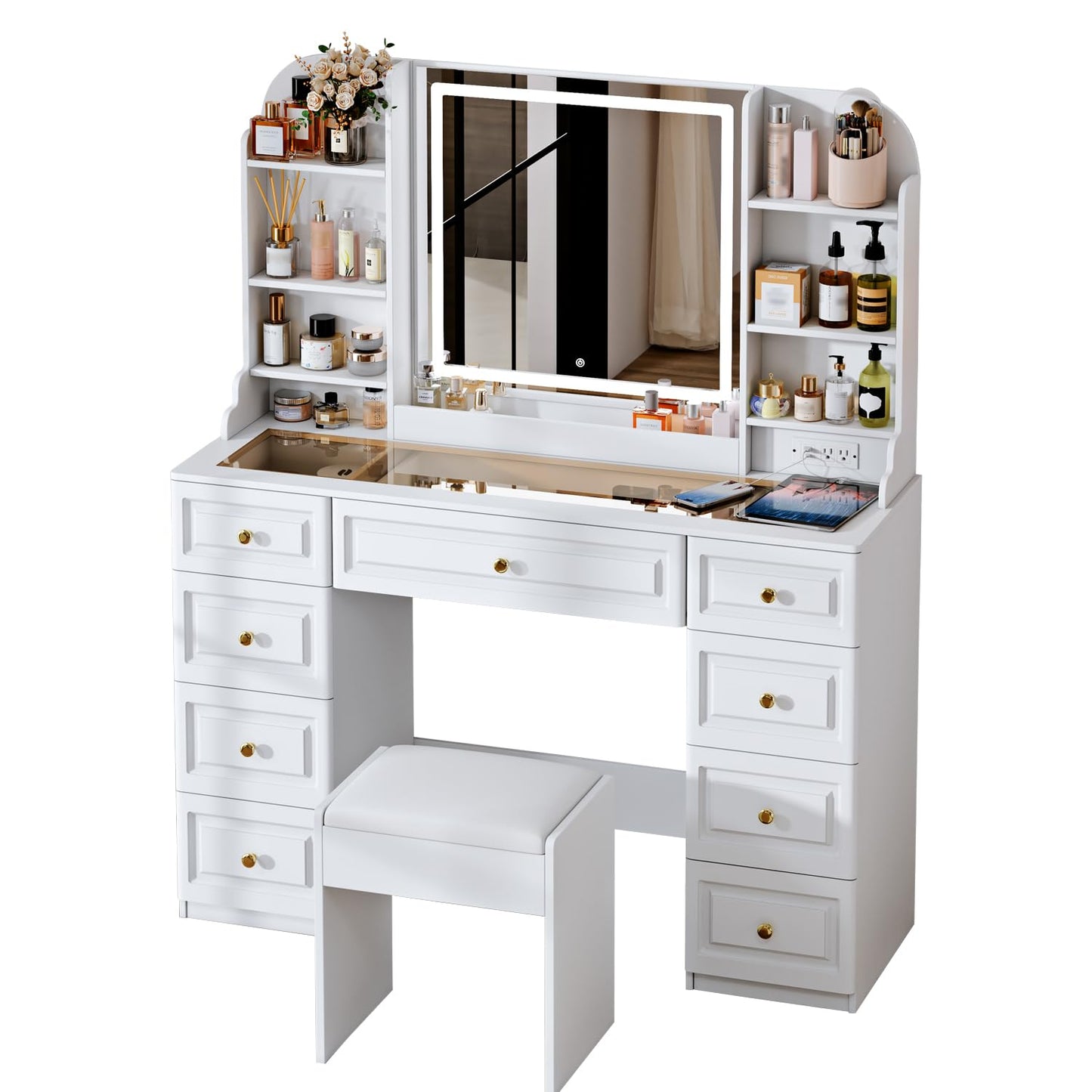 Arulvmrn 43" Makeup Vanity Desk with Mirror and Lights, & Power Outl, Glass Top Big Vanity Table with 9 Drawers& 8 Storage Shelves, Dressing Table Set with Chair for Bedroom, White