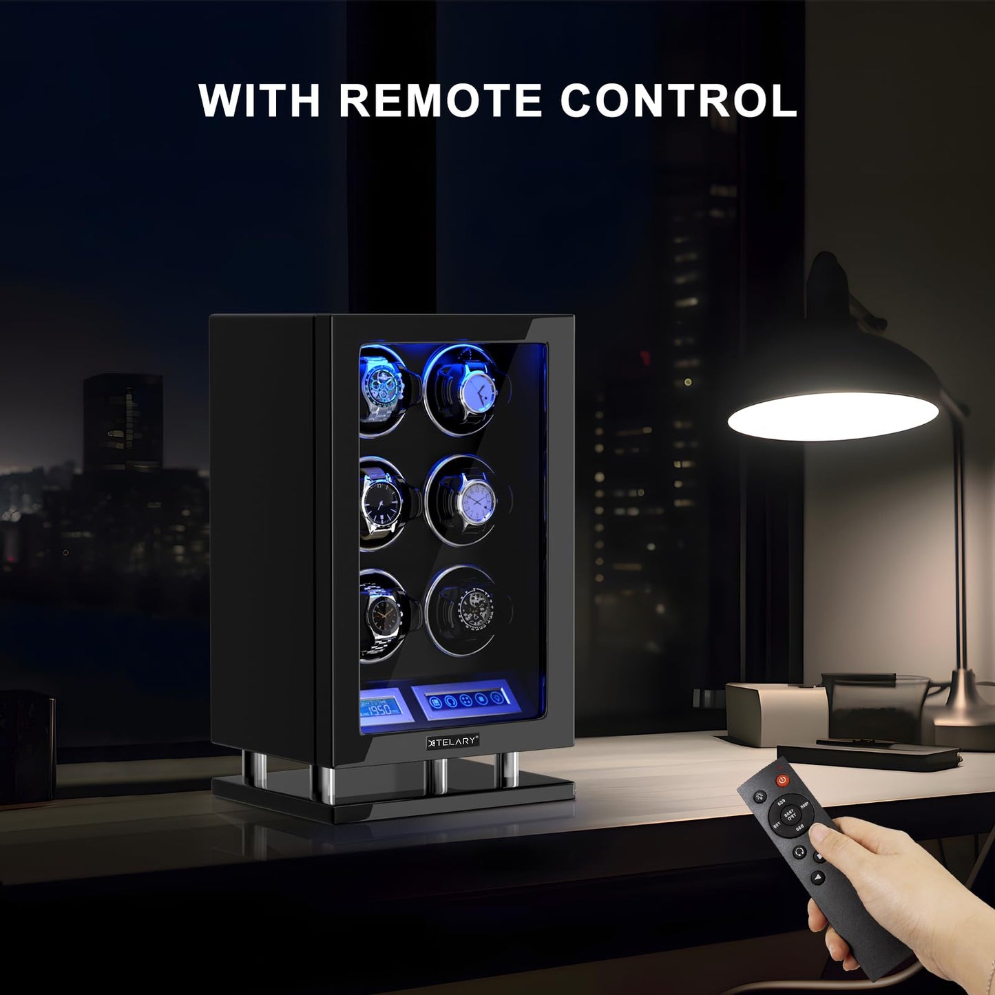 DUKWIN Watch Winder for 6 Automatic Watches, Fingerprint Lock Watch Winders with LCD Touchscreen, Blue LED Light, Remote Control,Adjustable Pillow and Quiet Motor for Universal Watches, 5TPD