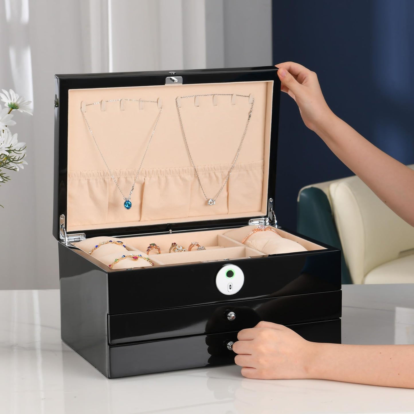 SYENS Jewelry Box with Fingerprint Lock, Black Wood Piano Lacquer Jewellery Organizer Storage Box with Drawer, 3-layer Full Lockable, for Women or Men's gift