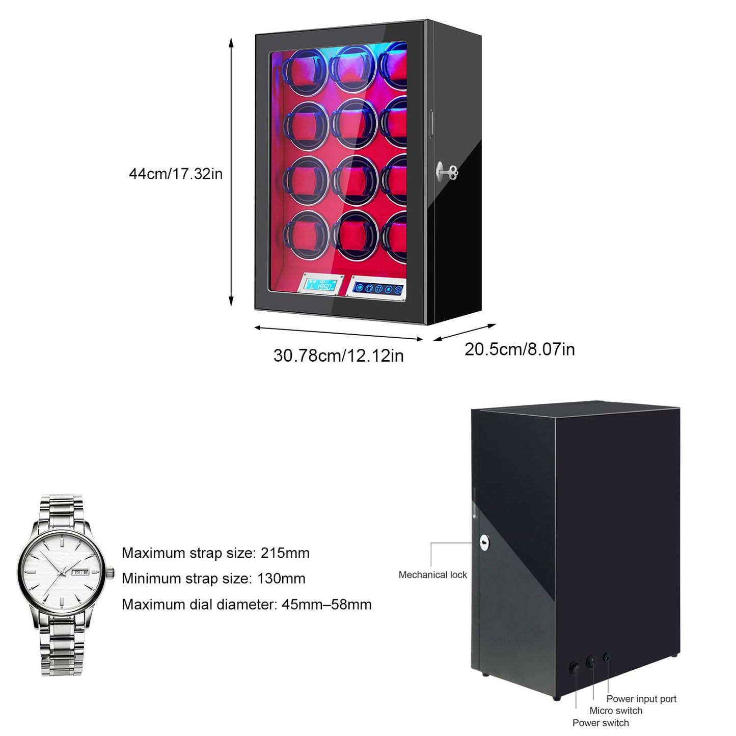 GCCRGRC Watch Winder 12 Slots Automatic Watches,Ultra-Quiet Japanese Motors, Built-in LED Illumination and LCD Touchscreen Control