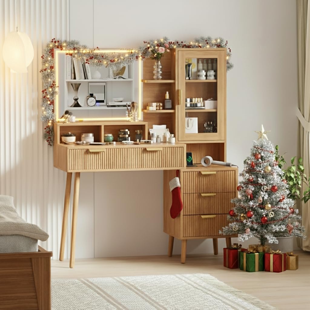 GAOMON Modern Fluted Makeup Vanity Desk with Lights & Power Outlet, 28" HD Lighted Mirror, 7 Drawers & 4 Storage Shelves, Luxury Gold Accent Dressing Table for Women Bedroom