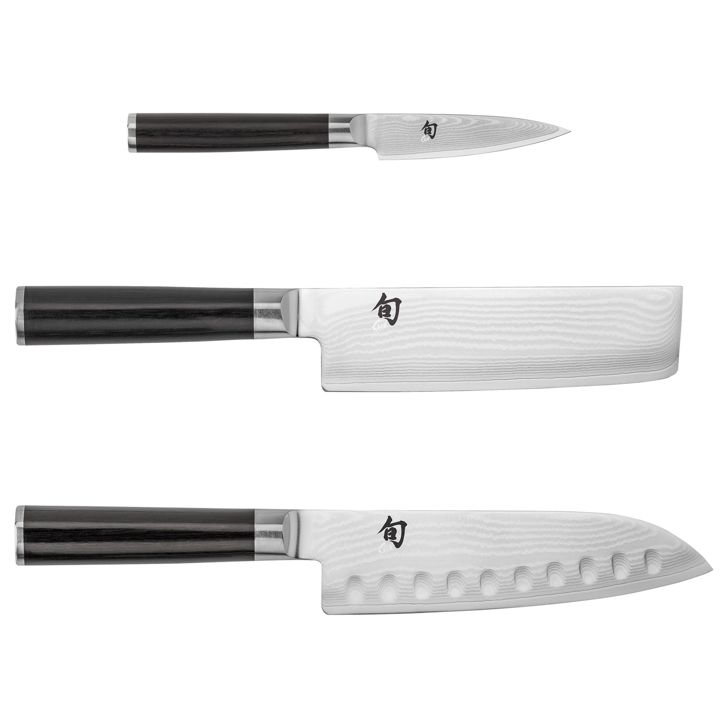 Shun Classic 3 Piece Japan Starter Set, Includes 7" Hollow Ground Santoku, 3.5" Paring & 6.5" Nakiri Knives, Handcrafted Japanese Knife Set, Damascus Stainless Steel Cladding, Pakkawood Handles