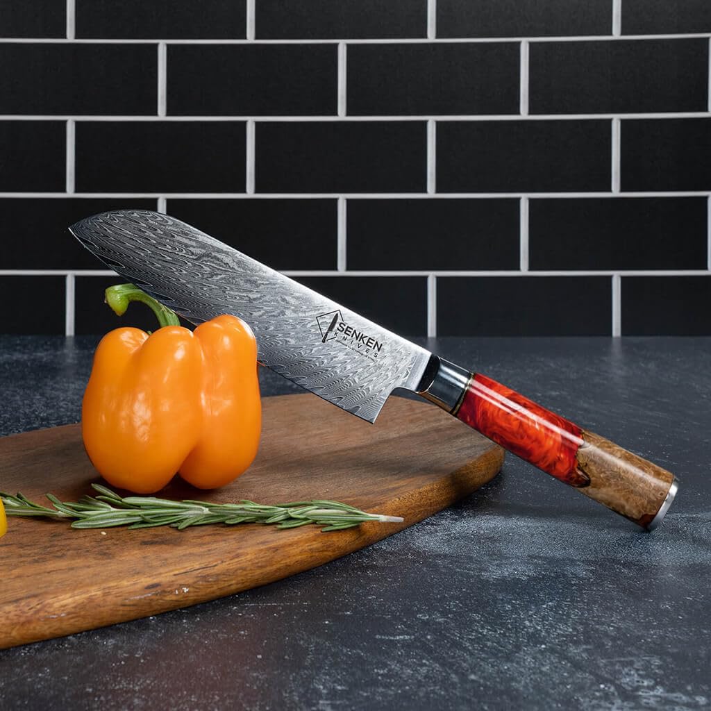 SENKEN 7-Piece Damascus Kitchen Knife Set - Tsunami Collection - 67-Layer Japanese VG10 Steel - Chef's Knife, Cleaver, Santoku, Bread, Boning, & More (Red Resin Blend)