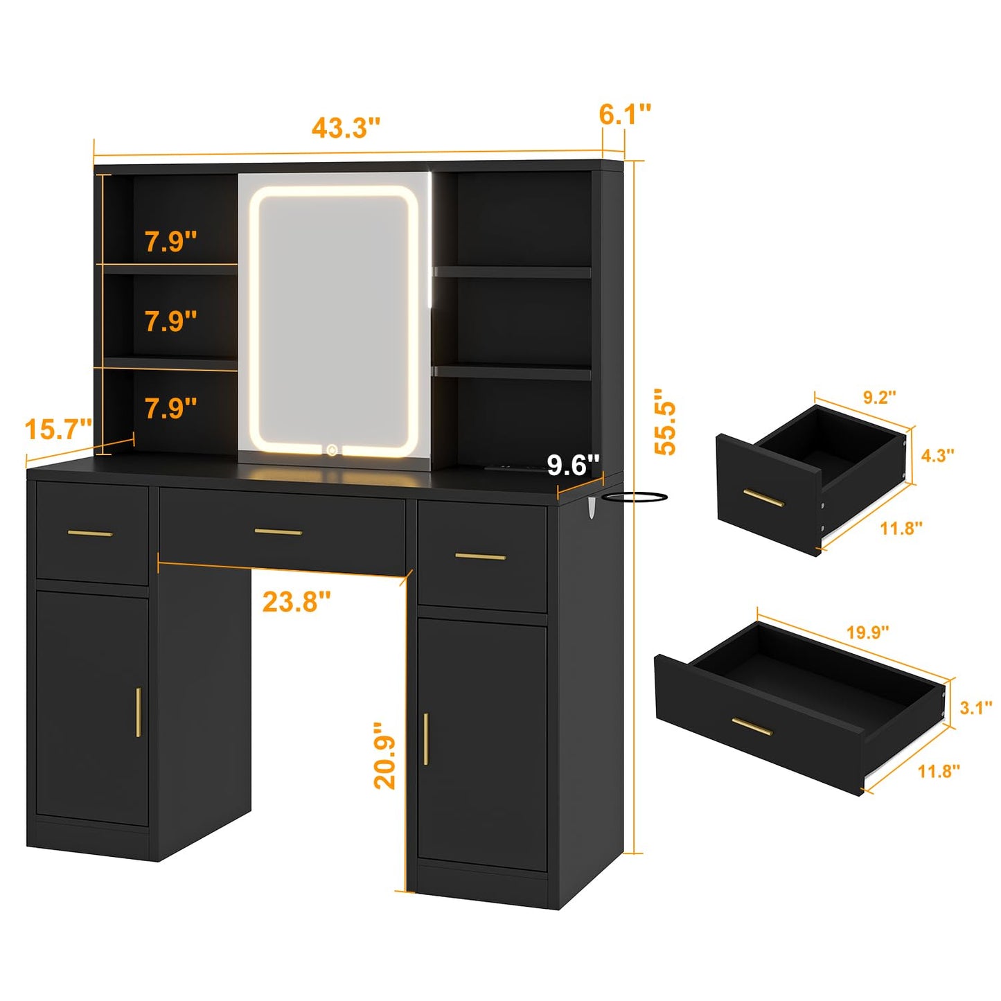 knoworld Vanity Desk with Sliding Mirror & LED Lights, Smart Makeup Table with Charging Station, Hairdryer Holder, 7 Shelves, 3 Drawers, 2 Cabinets, Vanity with Extra Hidden Stroage for Bedroom,Black