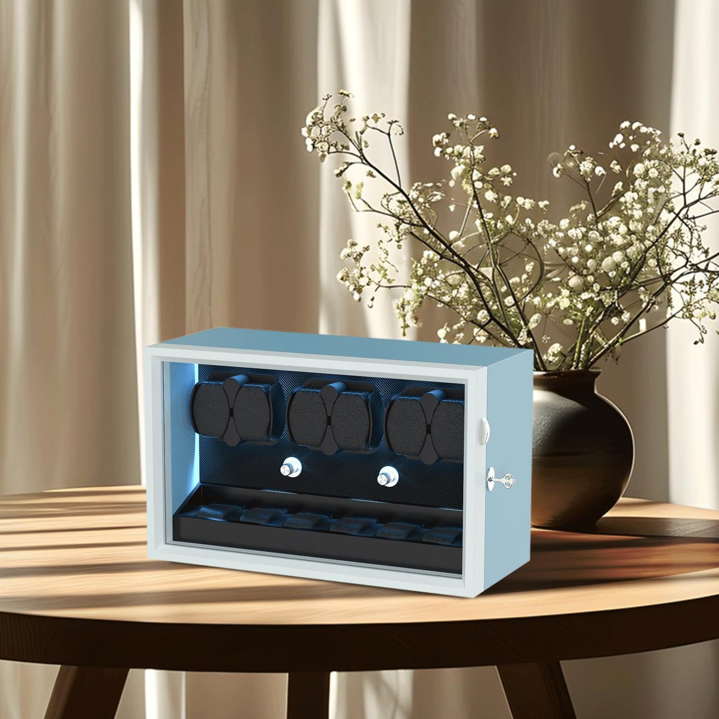 XTELARY Watch Winder for 6 Automatic Watches, Blue Lockable Automatic Winders with Extra 6 Watch Storages, 4 Rotation Modes, Flexible Watch Pillows, Quiet Mabuchi Motor, and Blue Backlight