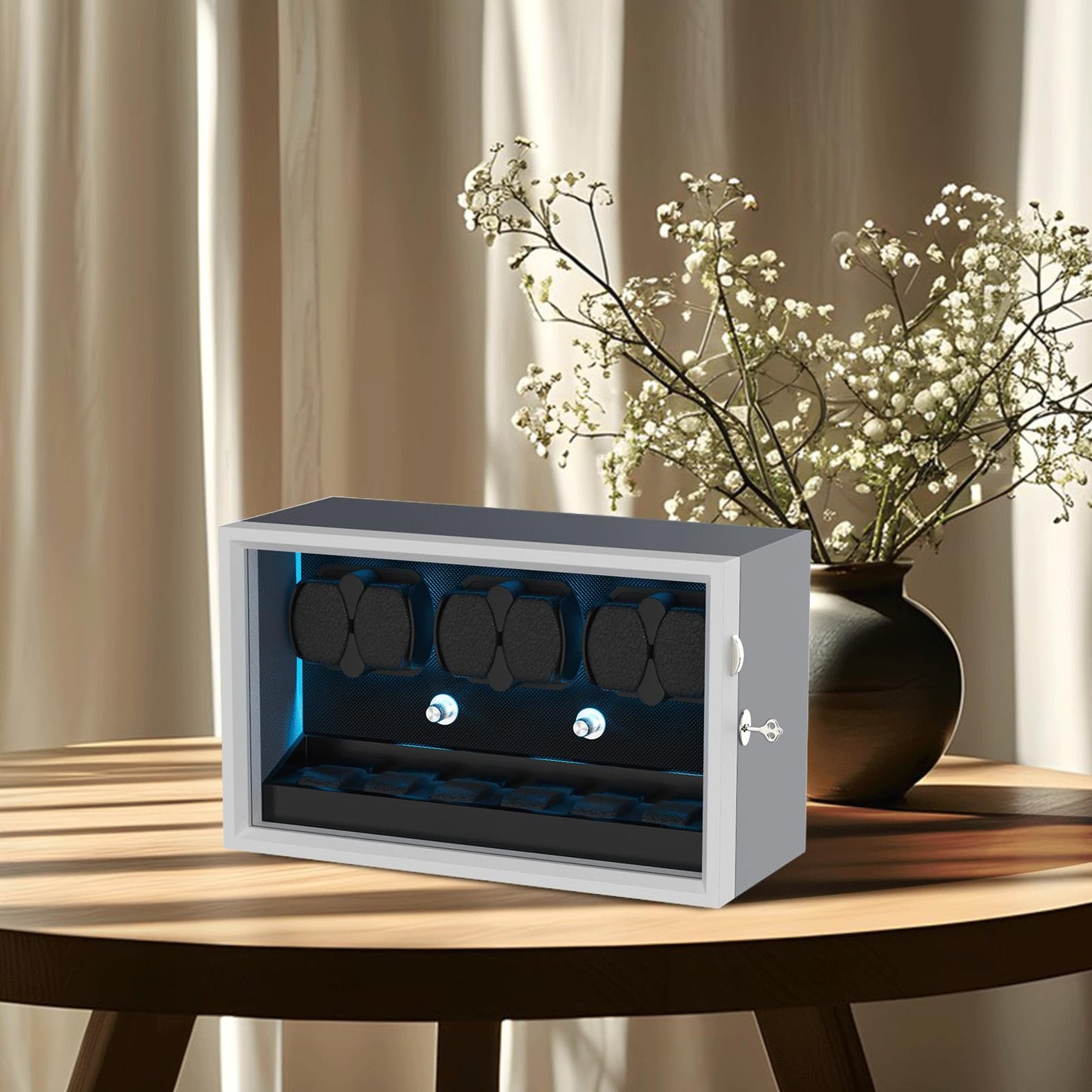 XTELARY Watch Winder for 6 Automatic Watches, Grey Lockable Automatic Winders with Extra 6 Watch Storages, 4 Rotation Modes, Flexible Watch Pillows, Quiet Mabuchi Motor, and Blue Backlight