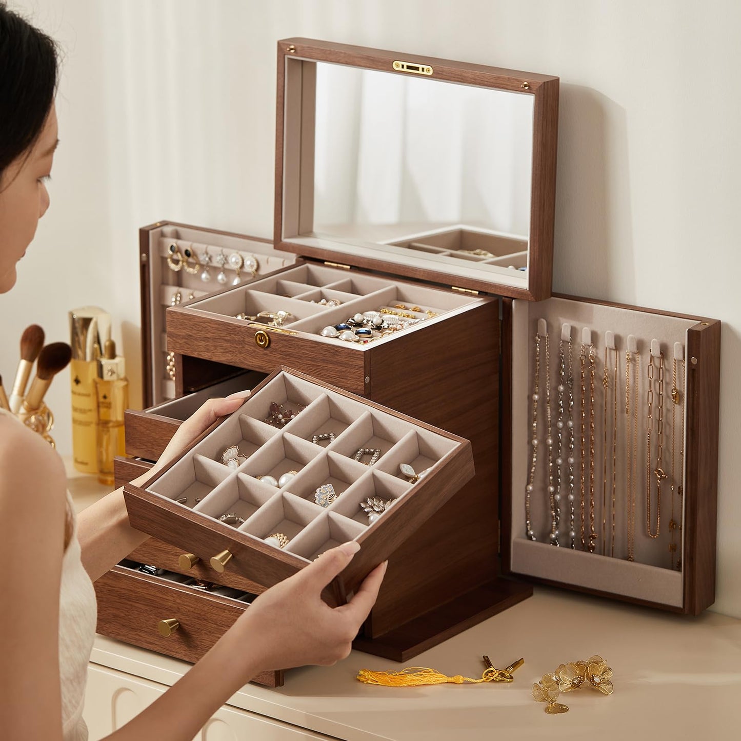 Homruilink Black Walnut Wooden Jewelry Box, Wood Jewelry Organizer with 2 Side Doors Mirror Lockable Classical Style for Watch Necklace Ring Earring Storage, Ideal Gift-6 Layer