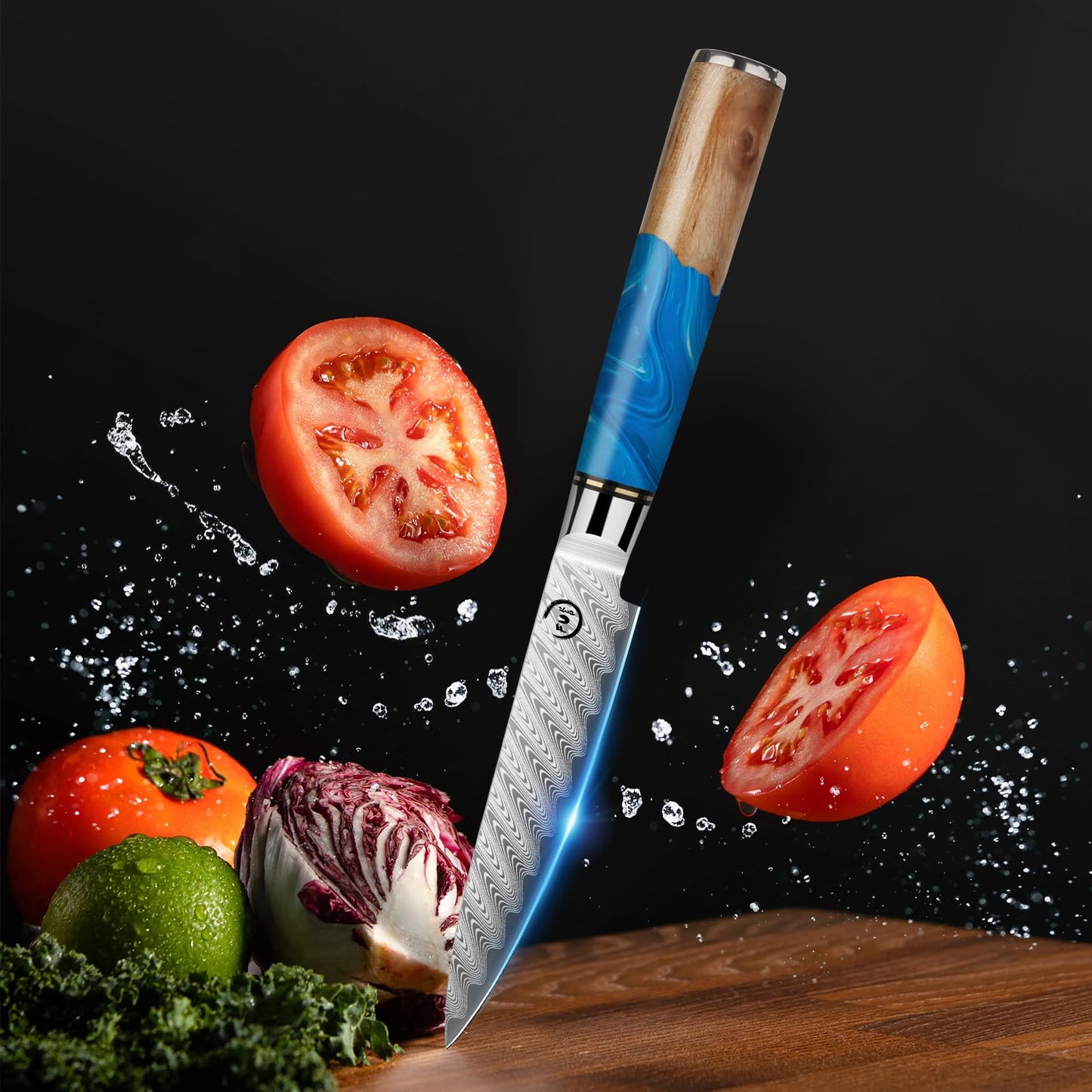 Fukep 5 Piece Damascus Knife Set, Professional Japanese Knife Set with Japanese VG 10 Steel Core, Blue Resin Handle, Includes Chef, Santoku, Bread, Boning & Paring Damascus Knives in Gift Box