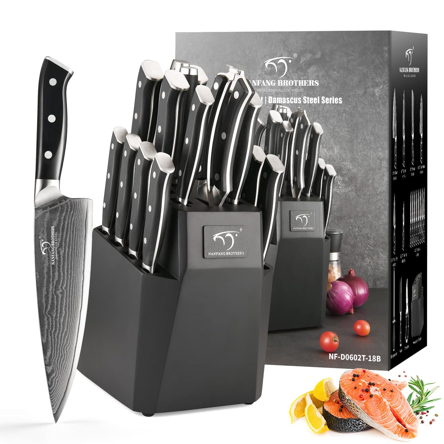 NANFANG BROTHERS 18-Piece Damascus Kitchen Knife Sets, 67-layer Japanese Damascus Steel Heat-Treated and Forged, ABS Ergonomic Handle, Ultra Sharp Chef Knife Block Set with Sharpener