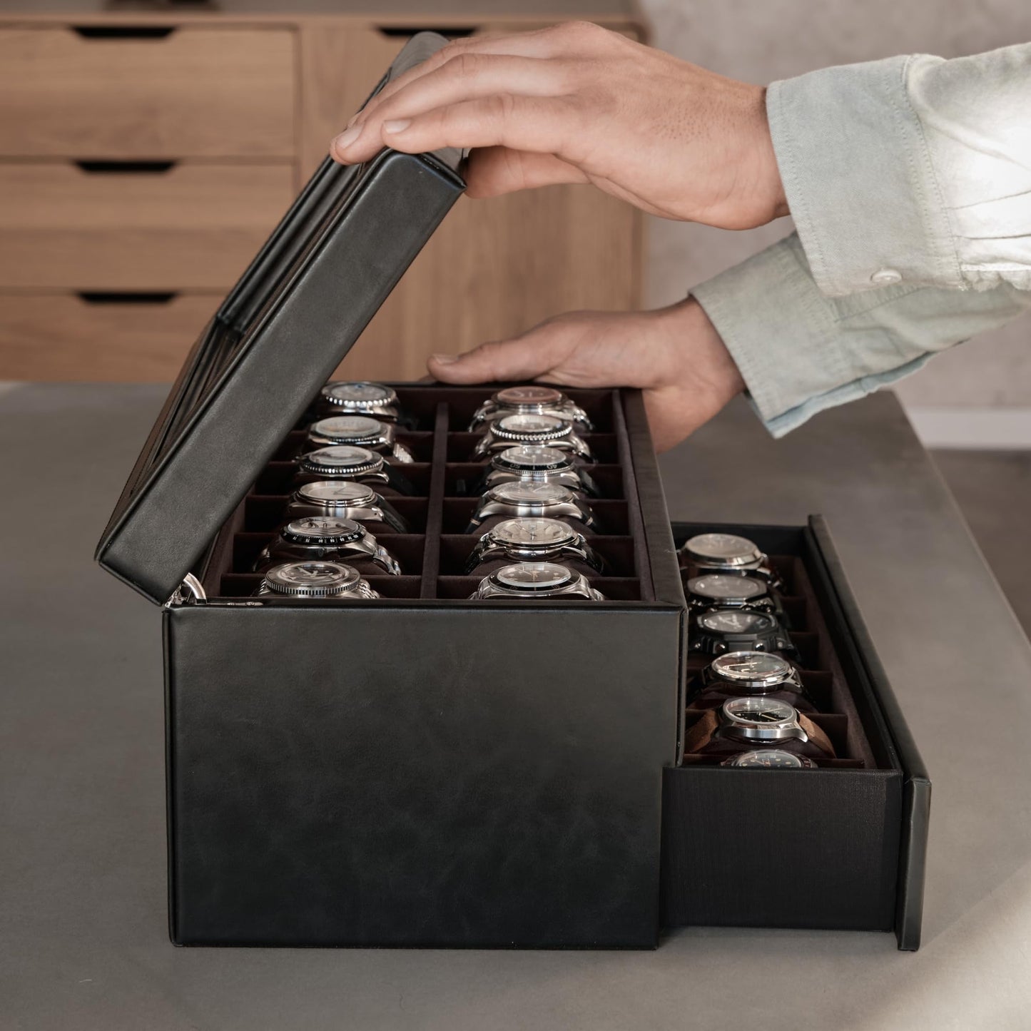 TAWBURY Watch Box for Men - Extra Large 24 Slot Watch Case with Real Glass Display, Removable Drawer and 2-inch Wide Pillows for Large Watches (Black/Charcoal)