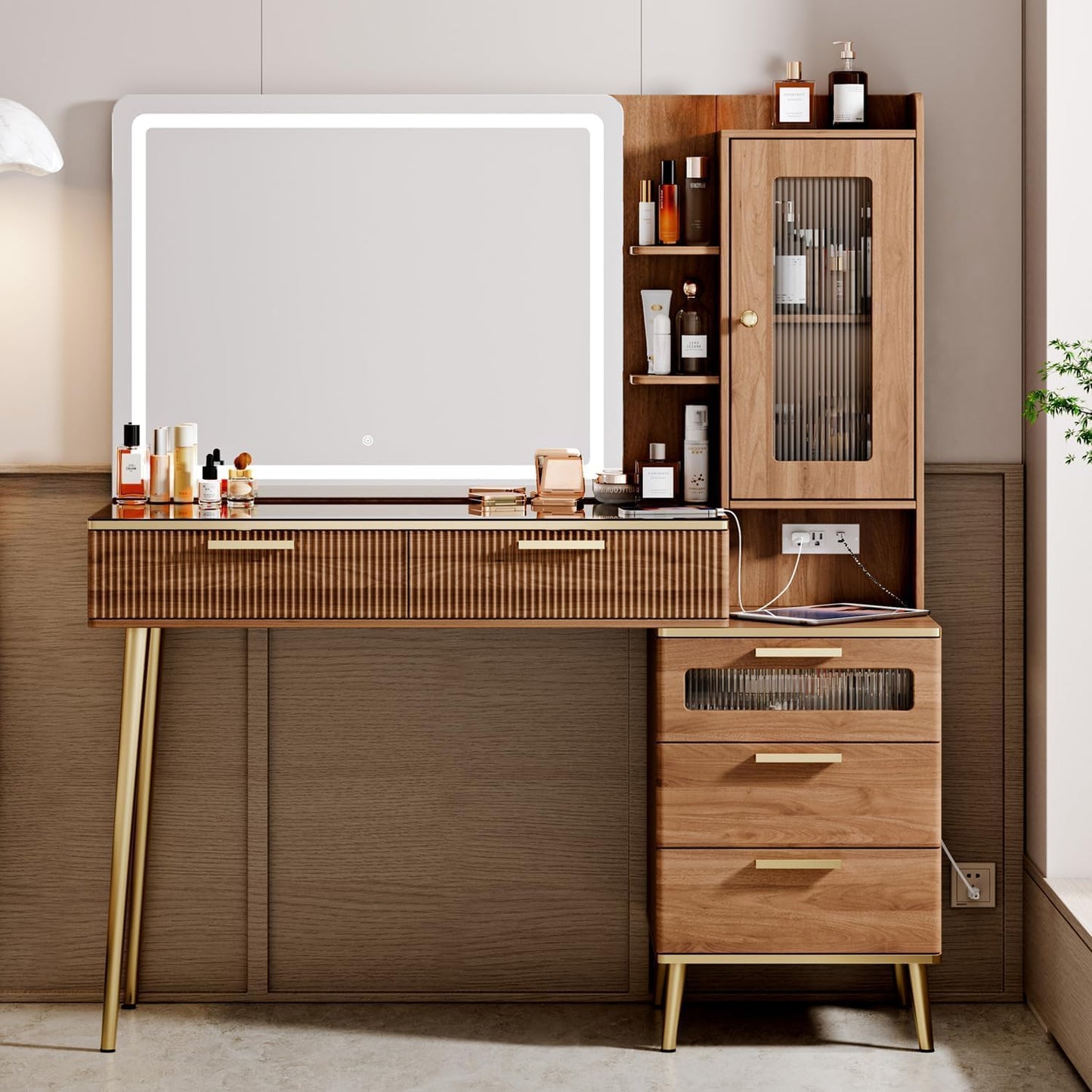 Arulvmrn Vanity Desk with 29.53" HD Lighted Mirror, 47.24" Big Modern Vanity Desk with Mirror and Lights, Makeup Vanity with 5 Drawers and Storage Shelves and Charging Station,Brown