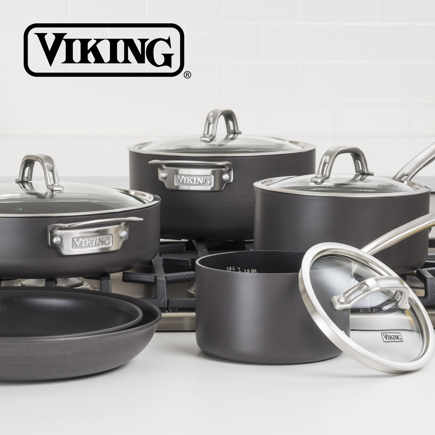 Viking Pots and Pans Set Non Stick, 10 Piece Hard Anodized Kitchen Cookware with Glass Lids, Black