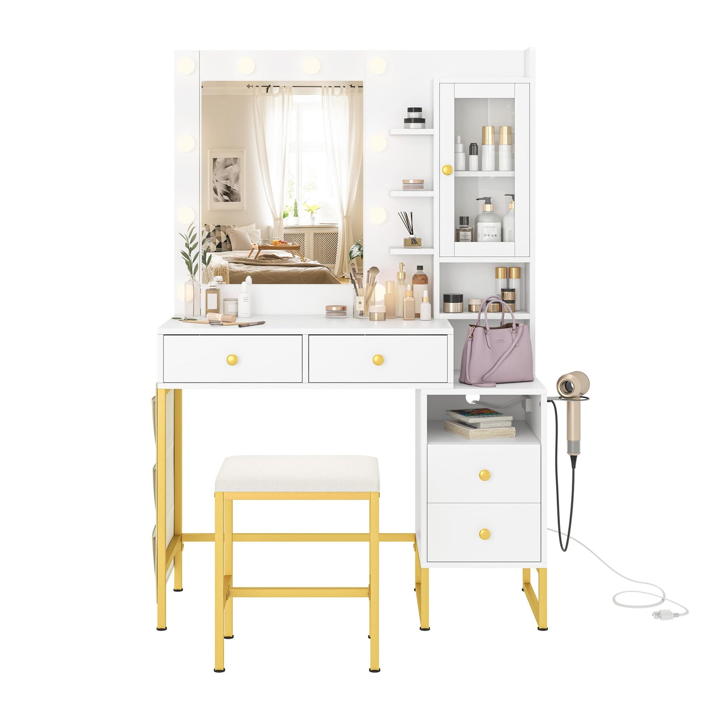 NUNU LAB Morden Makeup Vanity Desk with Mirror, Bedroom Dressing Table Set with Storage Shelf and 5 Drawers, Large Vanity Table with 10 LED Lights for Women, Girls, Teens