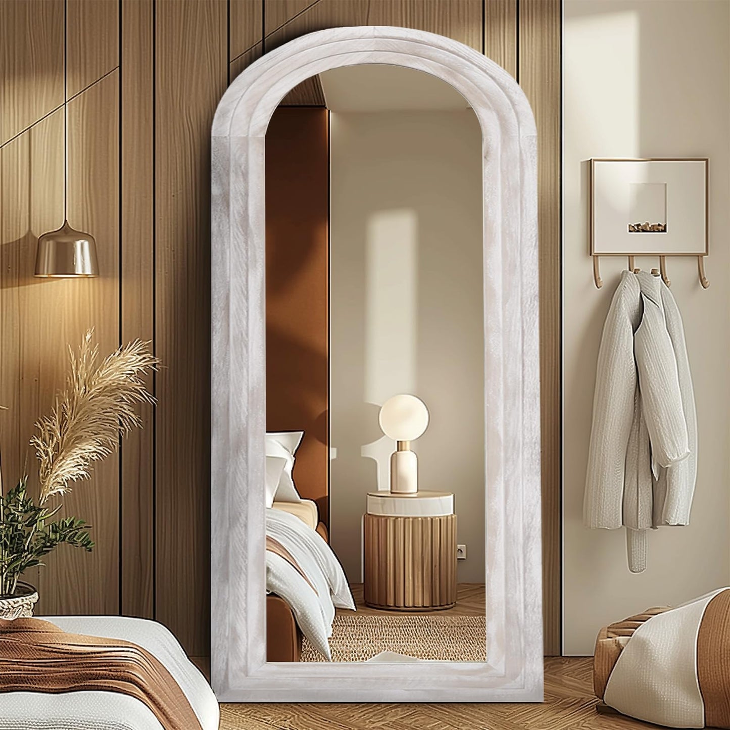 ZHUNFA Arched Full Length Mirror with Solid Wood Frame, 71x32 Farmhouse Wall Mirror Full Length with Stand, Vertical Hanging, Leaning Standing for Bedroom, Living Room, Rustic White