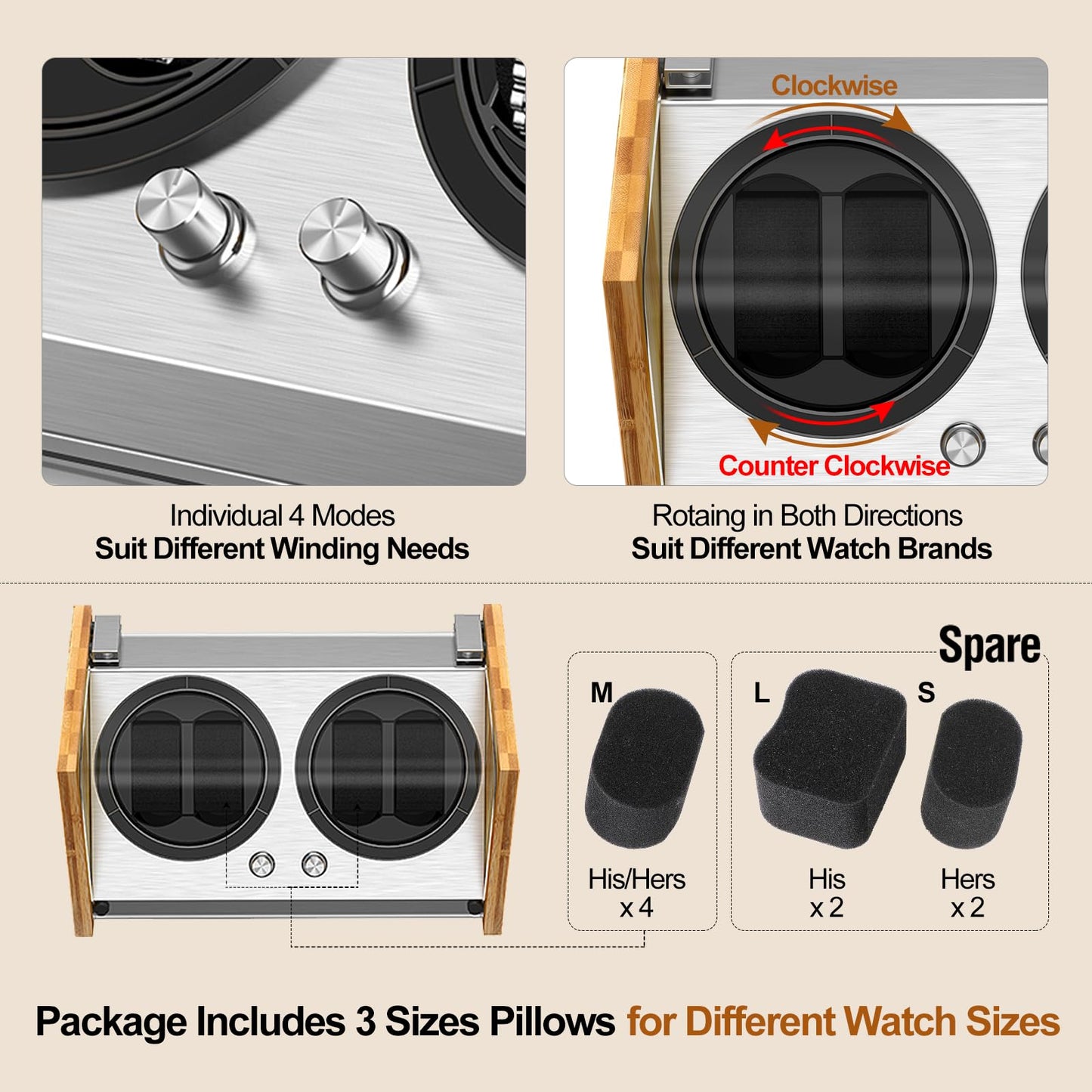 Watch Winder Smith Real Bamboo 4 Watch Winders for Automatic Watches, Precision Engineered Quiet 4 Modes Rotation and Dual Power Flexibility AC/DC