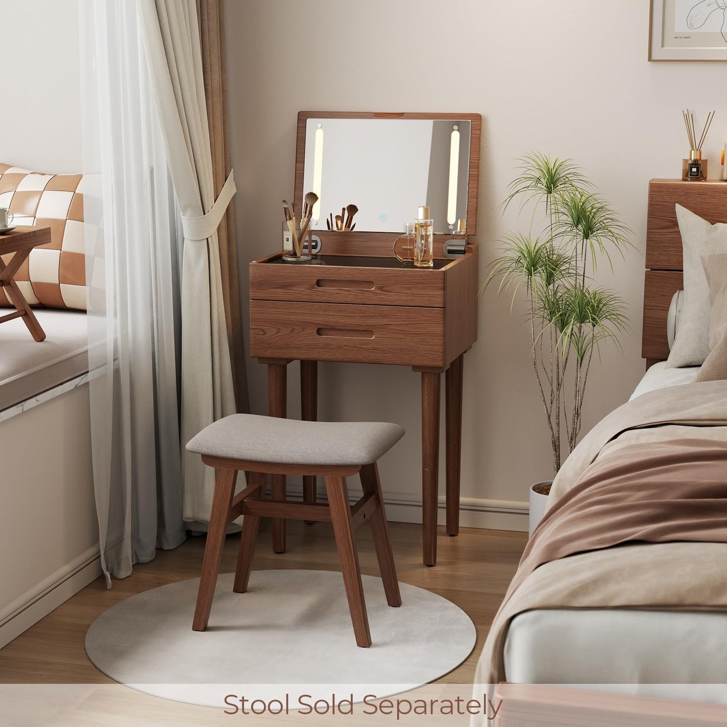 Muwuele Solid Wood Small Vanity Desk with Mirror and Lights, Narrow Makeup Vanity for Small Space, Flip Top Vanity Side Table, 3 Color Modes & Adjustable Brightness, 19.6" Slim Dressing Table, Walnut