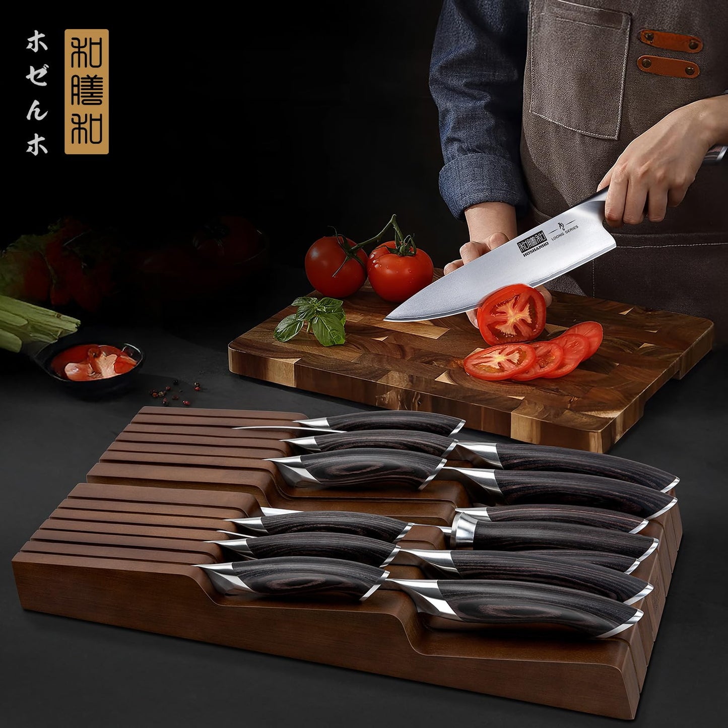 HOSHANHO Kitchen Knife Set with Block, 14-Piece Professional Ultra Sharp Knife Block Set in Knife Drawer Organizer, Japanese High Carbon Stainless Steel Chef Knives Set with Sharpener