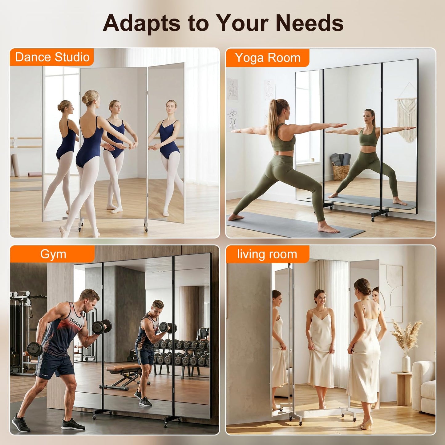 HDmuxel Full Length Mirror with 360° Wheels, 63" x 71" Foldable Floor Mirror with Nano-Tech Shatterproof Film - Ultra-Large Mobile Mirror for Home Gym, Dance Studio & Commercial Spaces (Sliver)