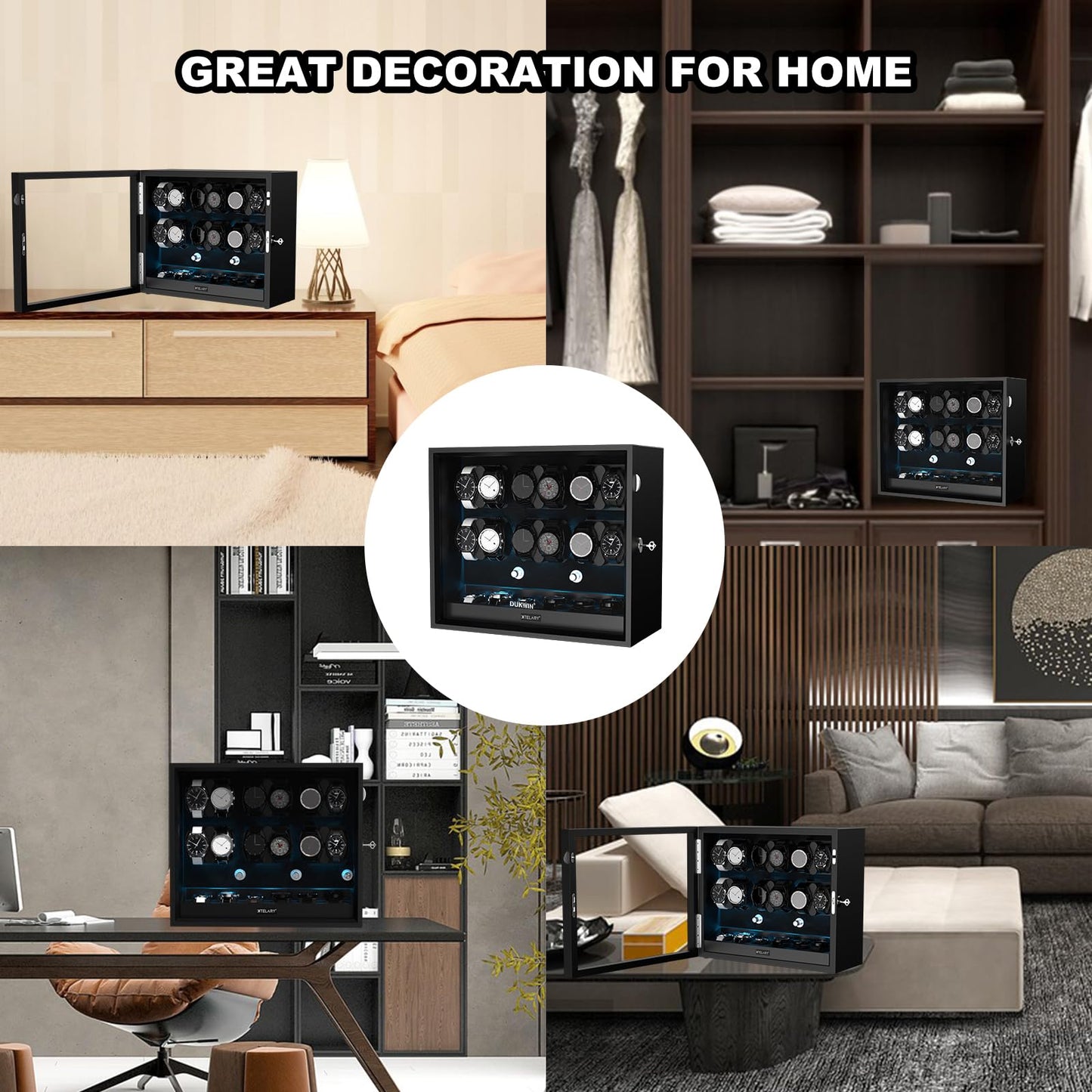 XTELARY Watch Winder for 12 Automatic Watches, Black Lockable Automatic Winders with Extra 6 Watch Storages, 4 Rotation Modes, Flexible Watch Pillows, Quiet Mabuchi Motor, and Blue Backlight
