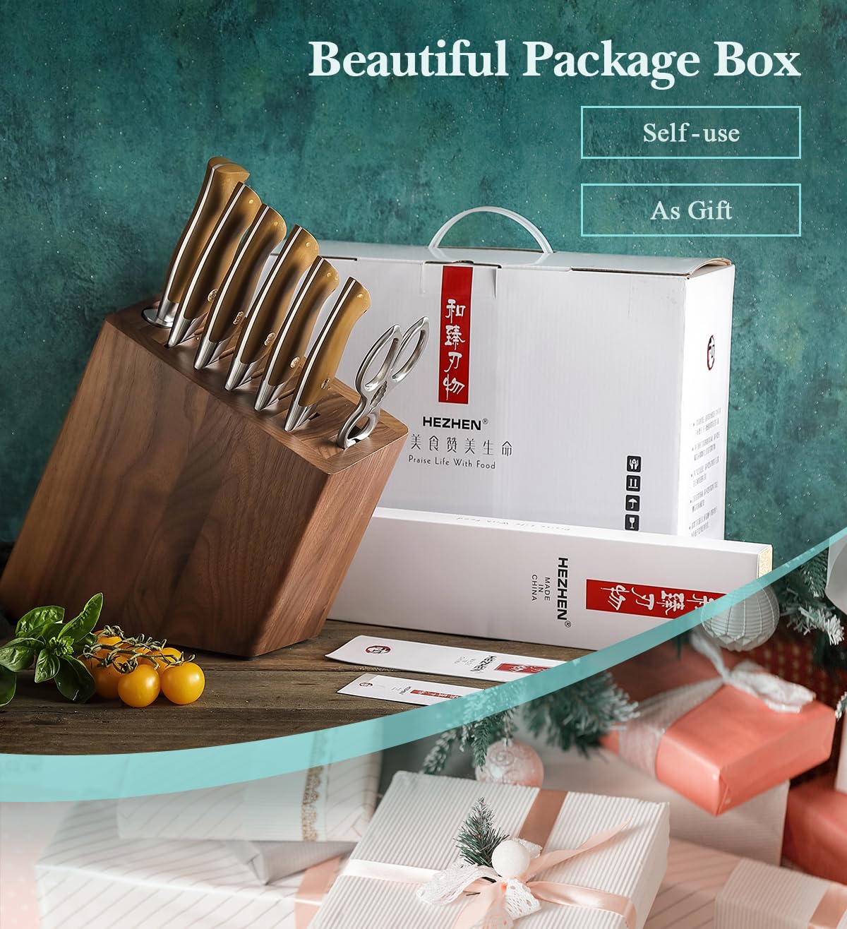 HEZHEN 8-Piece Knife Block Set, 67 Layers Damascus Steel Knife Set with Block, Kitchen Scissor-Sharpner Rod, Professional Knife Sets for Chefs, Linen Micarta Handle, Gift Packing