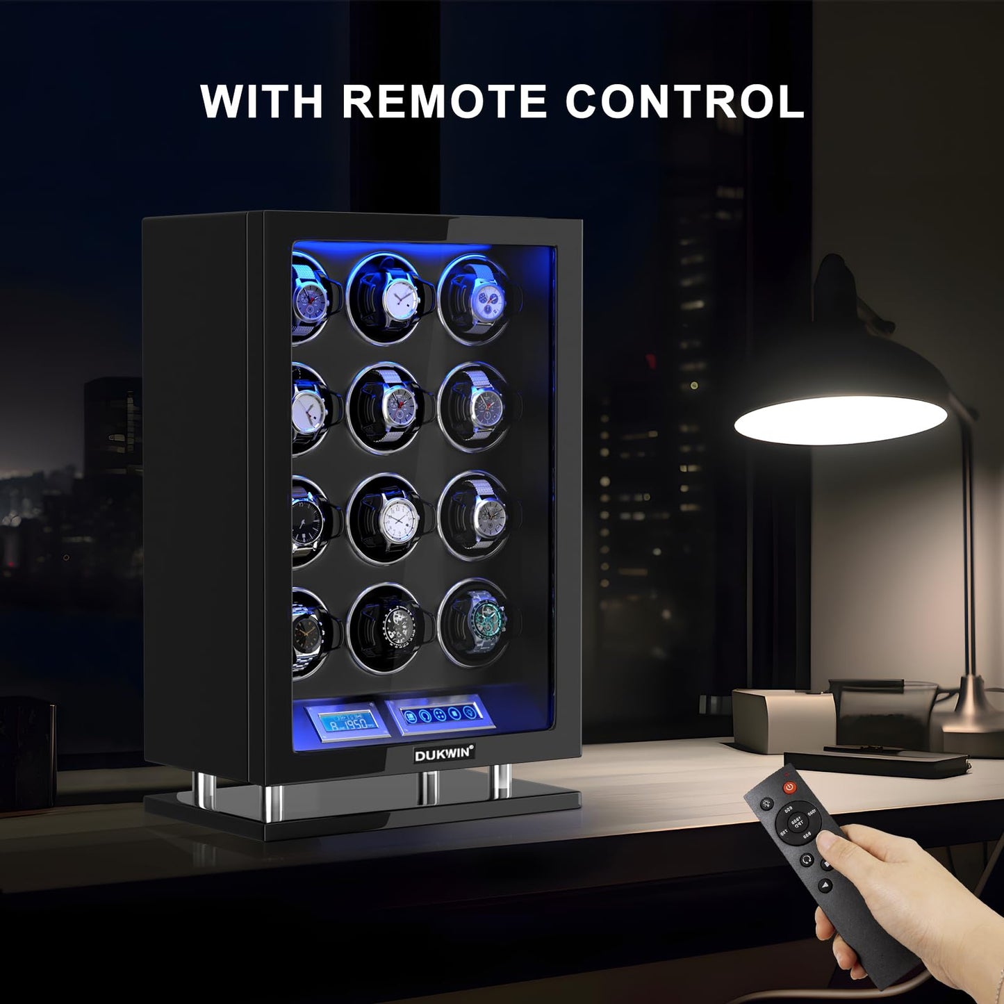 DUKWIN Watch Winder for 12 Automatic Watches, Fingerprint Lock Watch Winders with LCD Touchscreen, Blue LED Light, Remote Control,Adjustable Pillow and Quiet Motor for Universal Watches, 5TPD