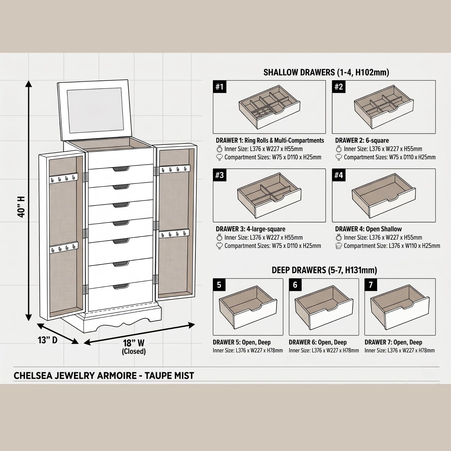 Hives and Honey Chelsea Jewelry Armoire, Taupe Mist