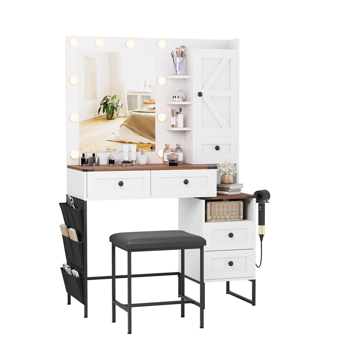 NUNU LAB Large Vanity Desk with Mirror and Lights with 5 Drawers, Women Makeup Table with Power Outlet, 3-Color Adjustable Lighting for Bedroom Brown (006 White & Brown, 39.37 * 17.75 * 58.27in)