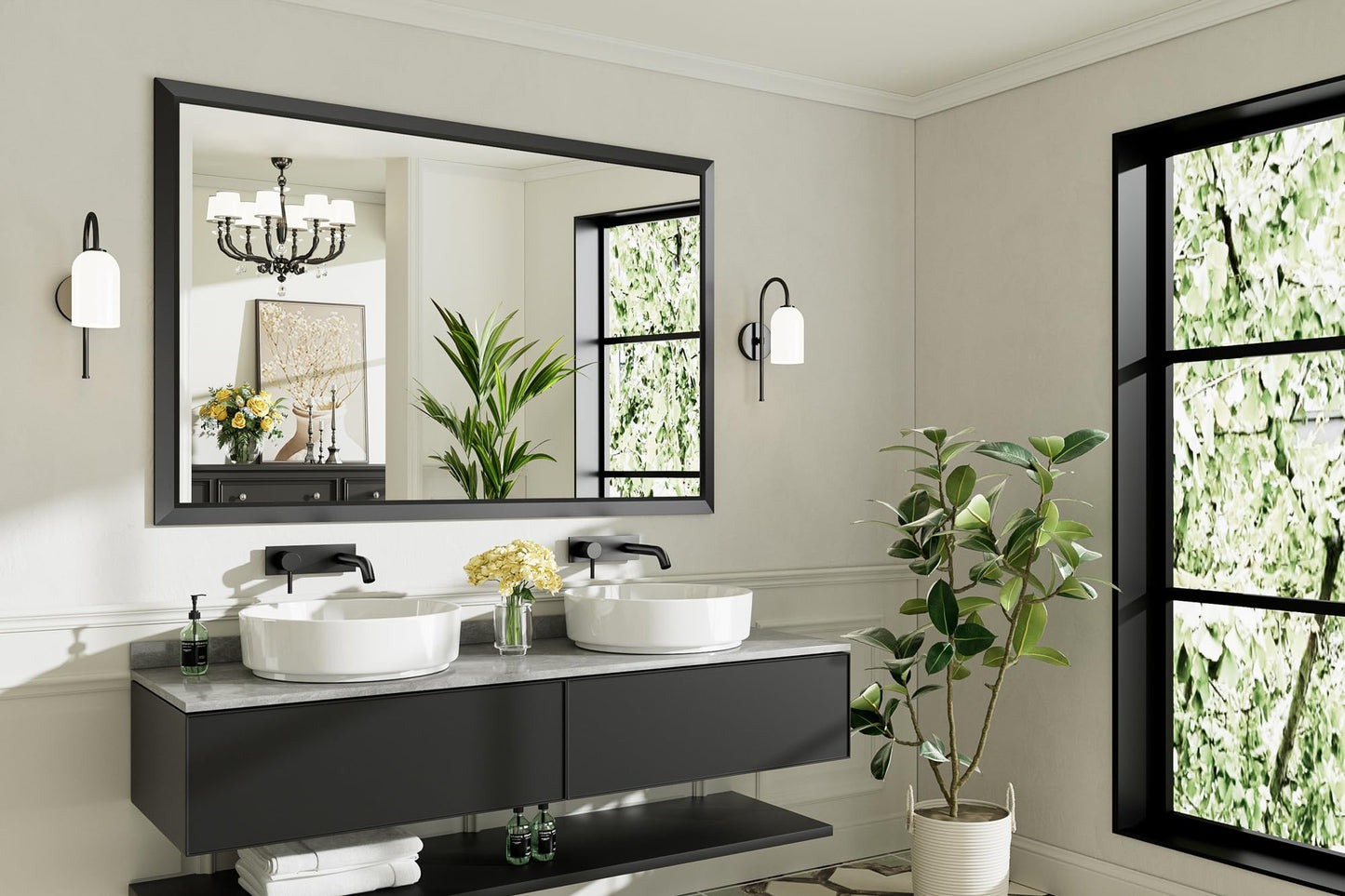Briivue 60x40 Inch Black Bathroom Mirror for Wall, Thick Metal Framed Rectangle Mirrors for Over Sink, Bedroom, Living Room, Entryway, Anti-Rust, HD Tempered Glass
