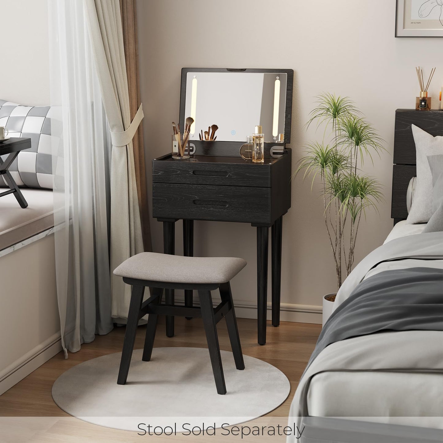 Muwuele Solid Wood Small Vanity Desk with Mirror and Lights, Narrow Makeup Vanity for Small Space, Flip Top Vanity Side Table, 3 Color Modes & Adjustable Brightness, 19.6" Slim Dressing Table, Black