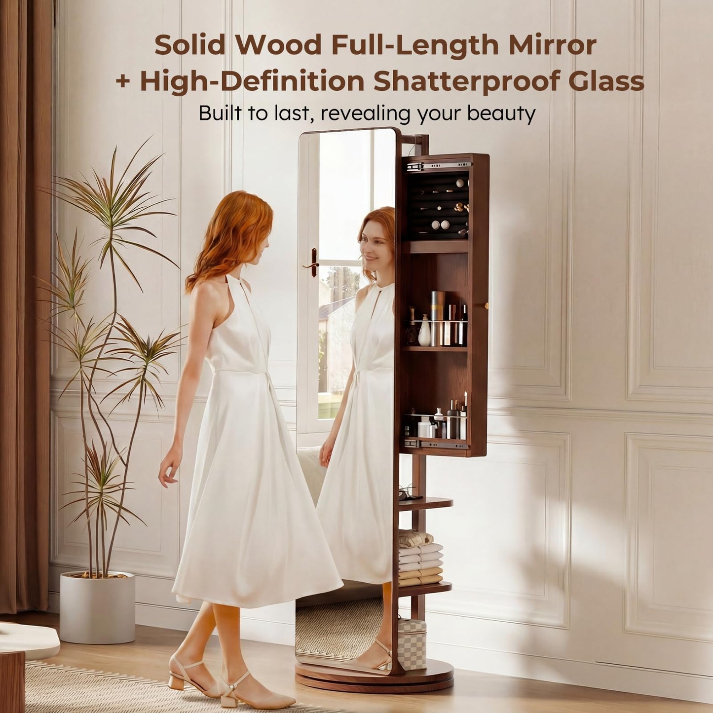 Mansfieler 69" H×20" W Solid Wood Mirror Jewelry Cabinet,360°Swivel Jewelry Organizer,Jewelry Armoire Cabinet Standing,Full Length Mirror with Storage&Coat Rack,Walnut