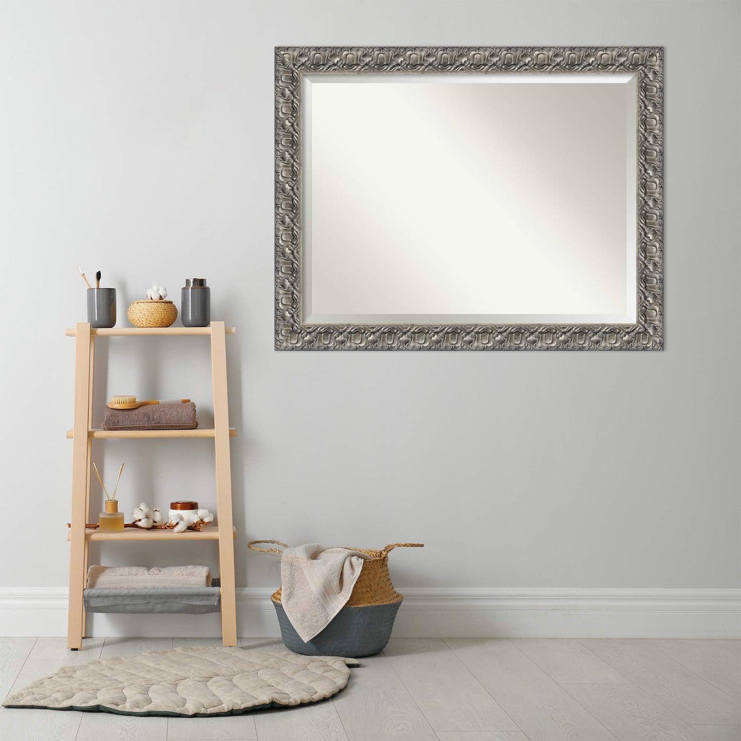 Amanti Art Silver Bathroom Mirror for Over Sink, 36x46 Silver Luxor Rectangle Vanity Mirror, X-Large Traditional Wood Frame, Hangs Horizonally and Vertically, Bathroom Wall Decor, Beveled Edge