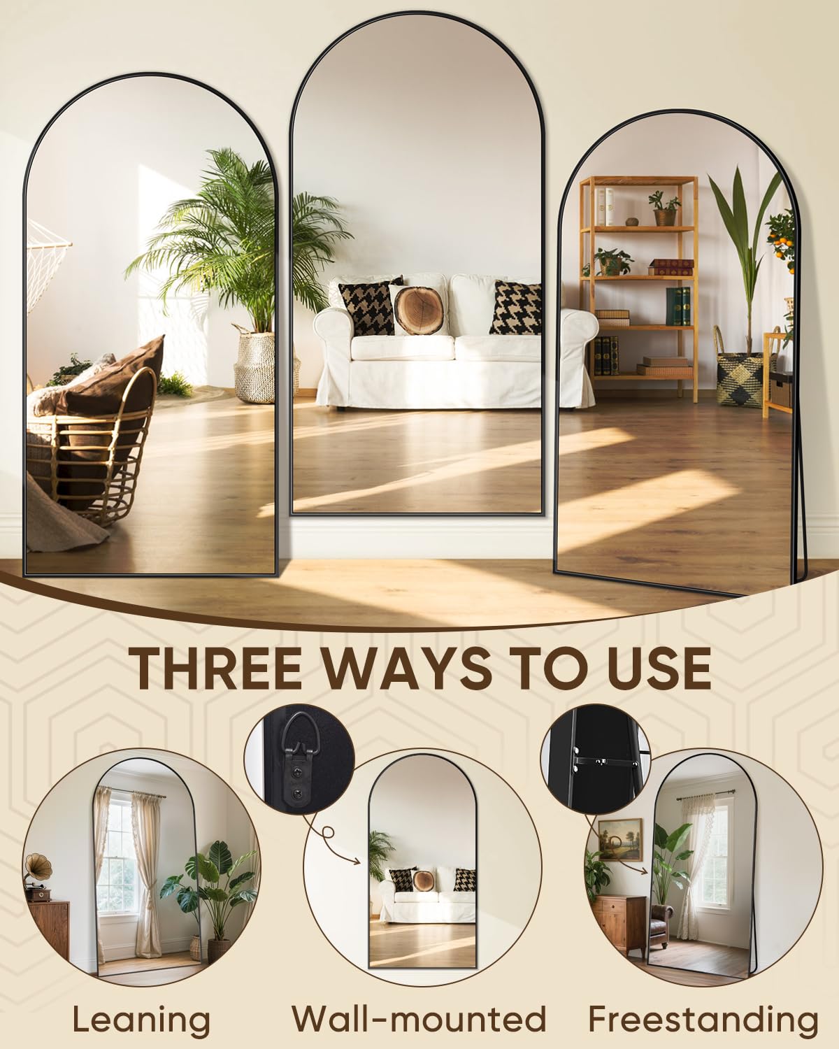 Antok Full Length Mirror, 46"x86" Oversized Floor Mirror with Stand for Bedroom, Living Room Cloakroom, Black, Arch Style