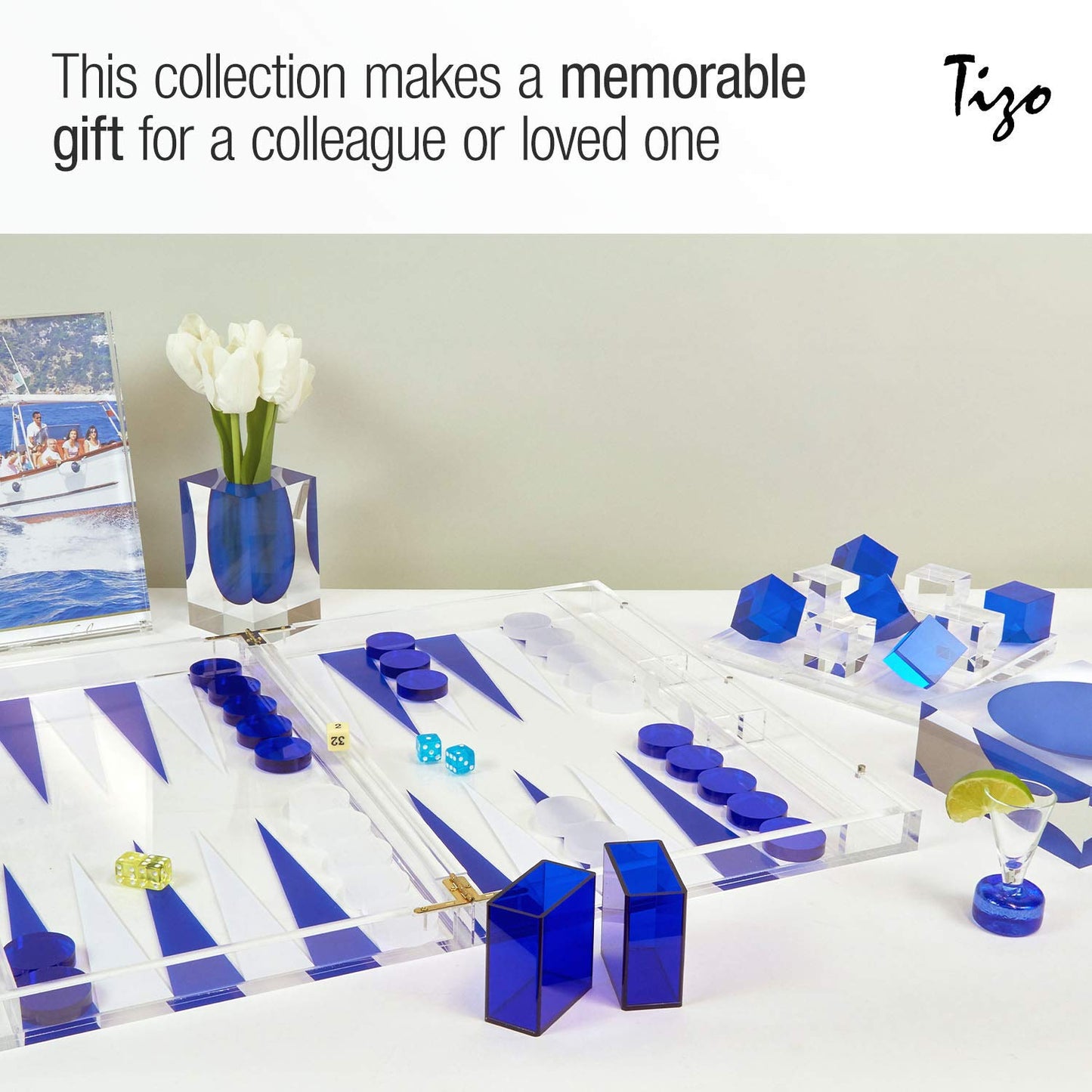 TIZO Elegant 18” Lucite Backgammon Set, Lucite Chips & Cups with Magnetic Closure, Elegant & Practical Boutique Quality Home Décor, Clear, Blue & White