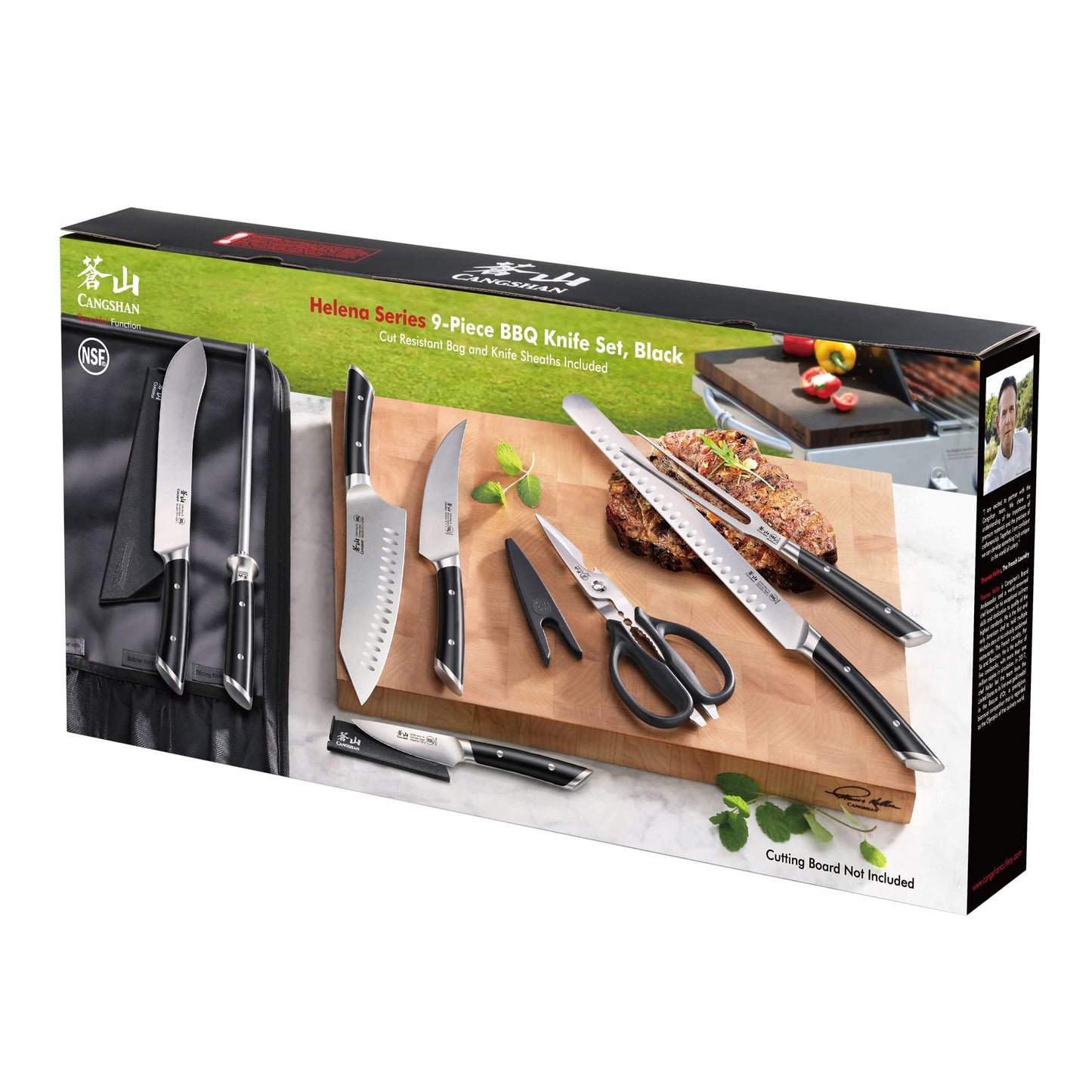Cangshan HELENA Series German Steel Forged BBQ Knife Set (Black, 9-Piece Bag Set)