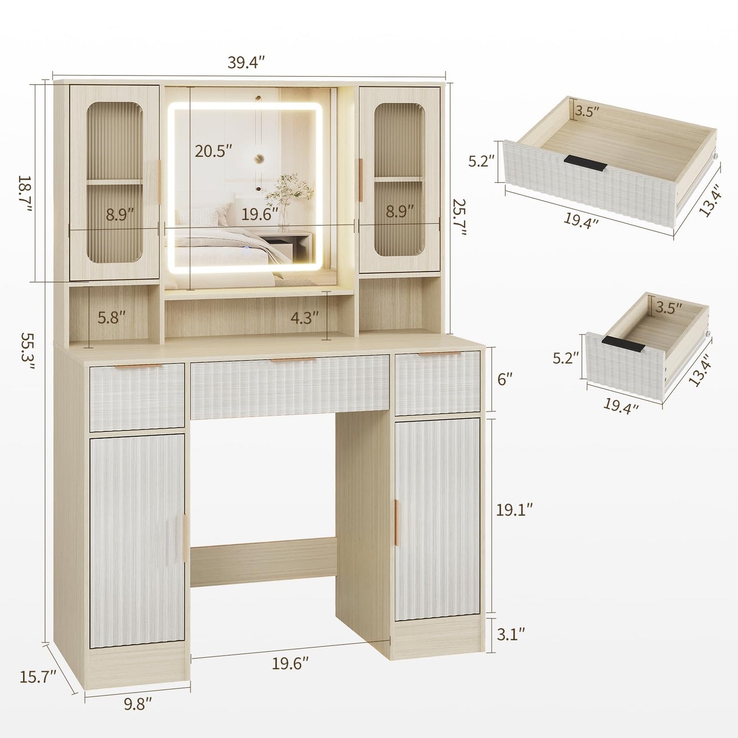 Garvee Vanity Desk with Mirror and Light, Modern Makeup Dressing Table with Adjustable 3 Colors Light, Vanities for Bedroom with 2 Glass Cabinet, 2 Large Cabinet, 3 Drawers & Storage Shelves, Natural