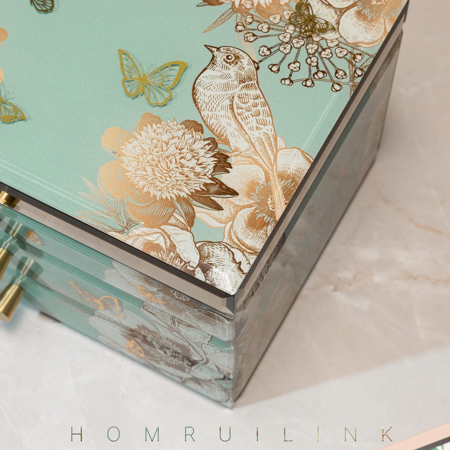 Homruilink High End Glass Jewelry Box, 3 Layer Jewelry Organizer, Velvet-Lined Case For Ring, Necklace, Earring, Bracelet Storage, Ideal Gift (Bird & Floral)