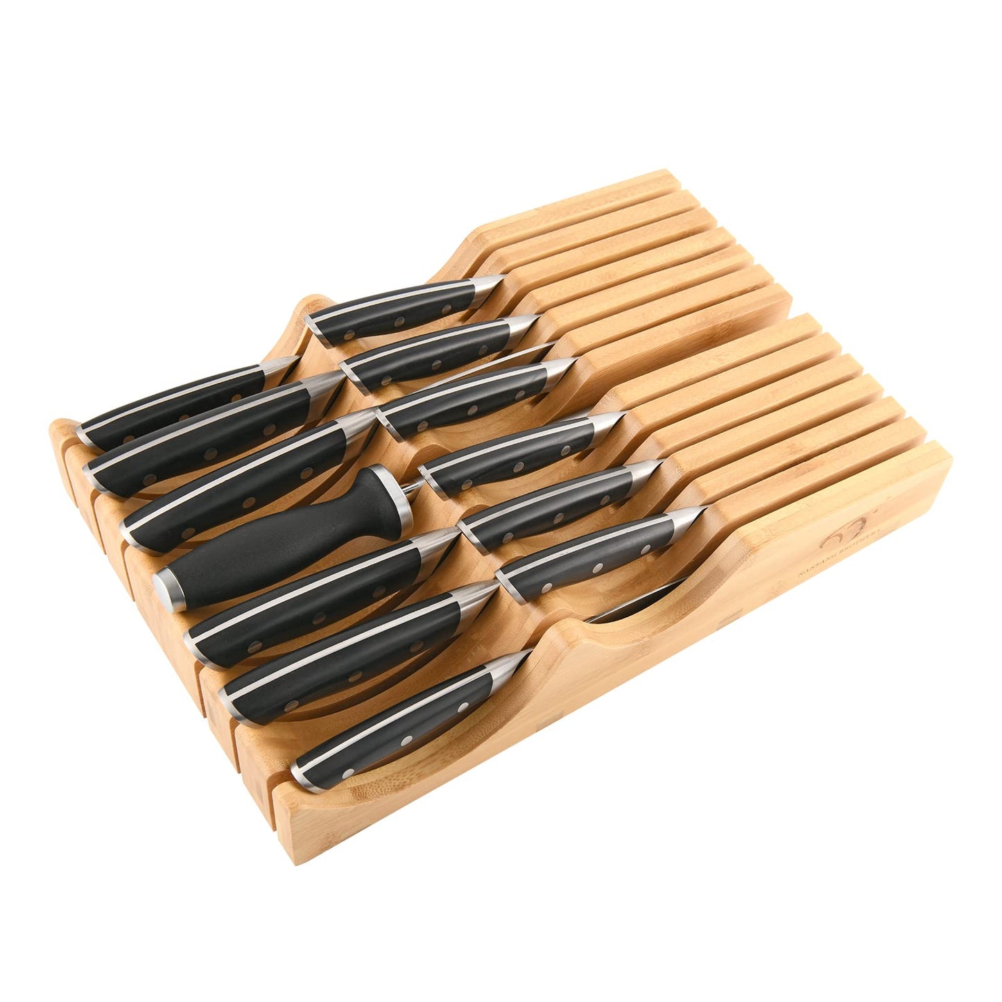 In-Drawer Knife Block with 12 Pieces Japanese Damascus Knives and Sharpener, Bamboo Knife Drawer Organizer with 67-Layer Damascus Steel, Slots for 13 Knives Kitchen Drawer, Counter Top