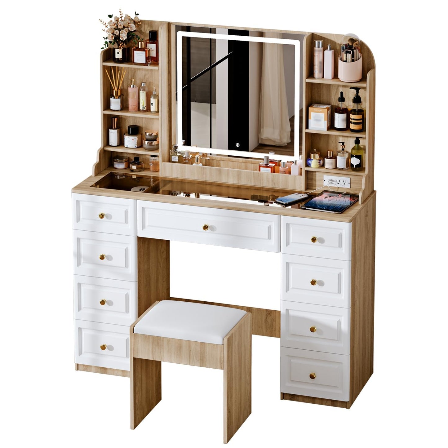 Arulvmrn 43" Makeup Vanity Desk with Mirror and Lights, & Power Outl, Glass Top Big Vanity Table with 9 Drawers& 8 Storage Shelves, Dressing Table Set with Chair for Bedroom, Oak