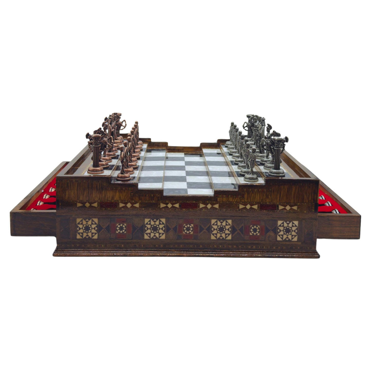 Luxury Handmade Wooden Chess Set with Storage Drawers – Large Walnut & Rosewood Chess Board with Weighted Metal British Pieces – Chess Set for Adults, Men & Dad