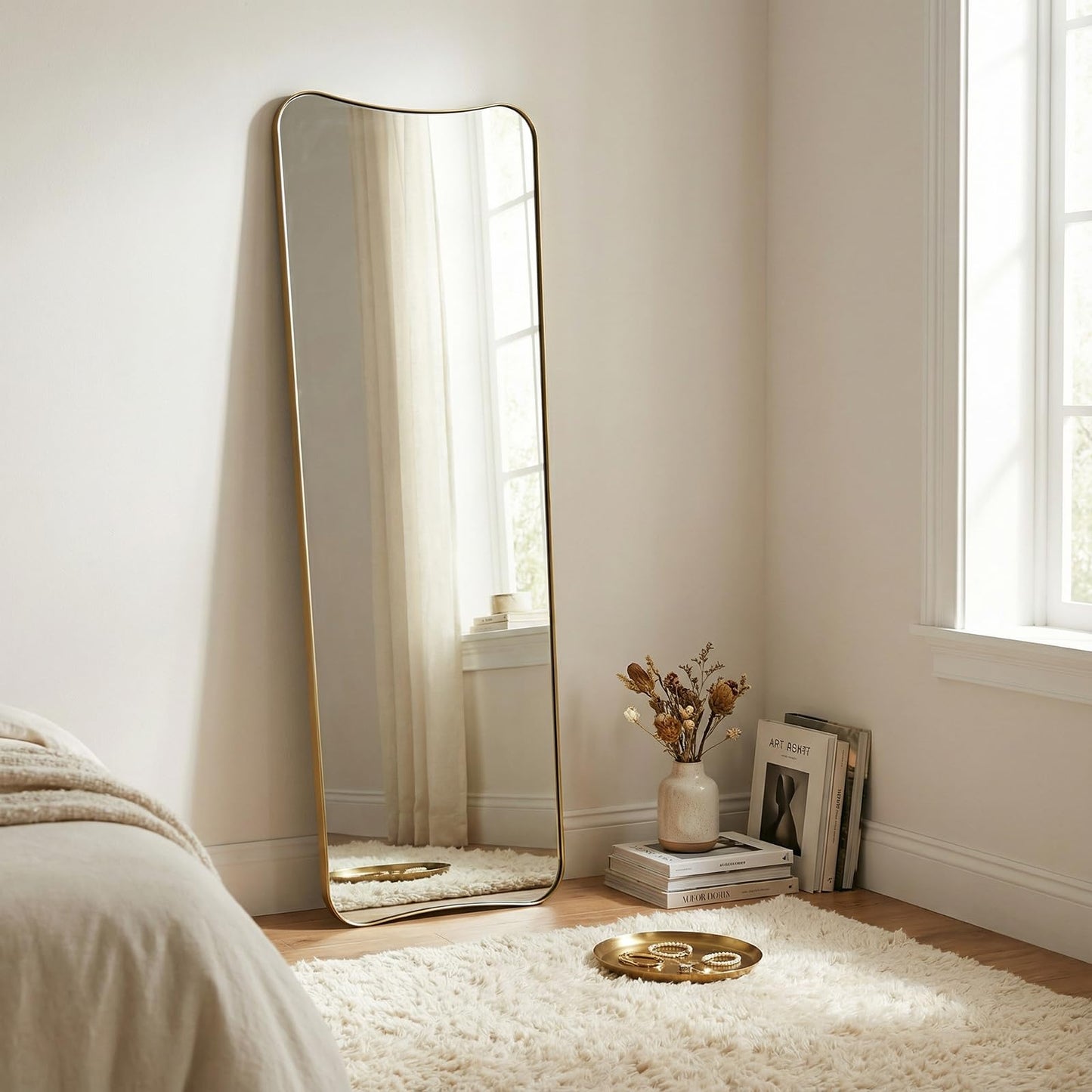 ANDY STAR Full Length Mirror 21" x 64", Gold Decorative Full Body Mirror with Stainless Steel Thin Frame, Italian Curved Edge Design, Wall Mount or Leaning for Bedroom, Cloakroom, Living Room