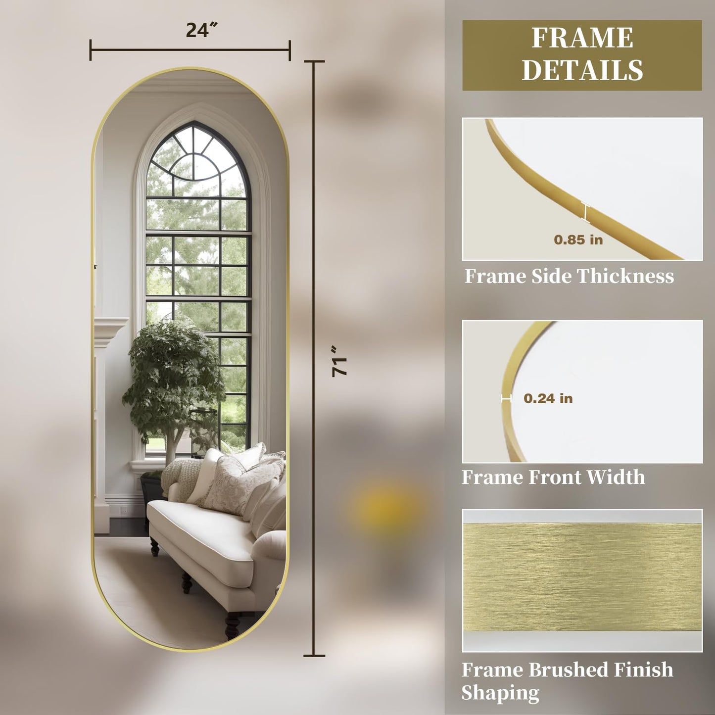 TheiaMo Oval Full Length Mirror, 71"×24" Wall-Mounted Mirror with Gold Frame in Shiny Gold, Ultra-Clear Explosion-Proof Dressing Mirror, Simple & Classic Deco for Cloakroom/Bedroom/Living Room