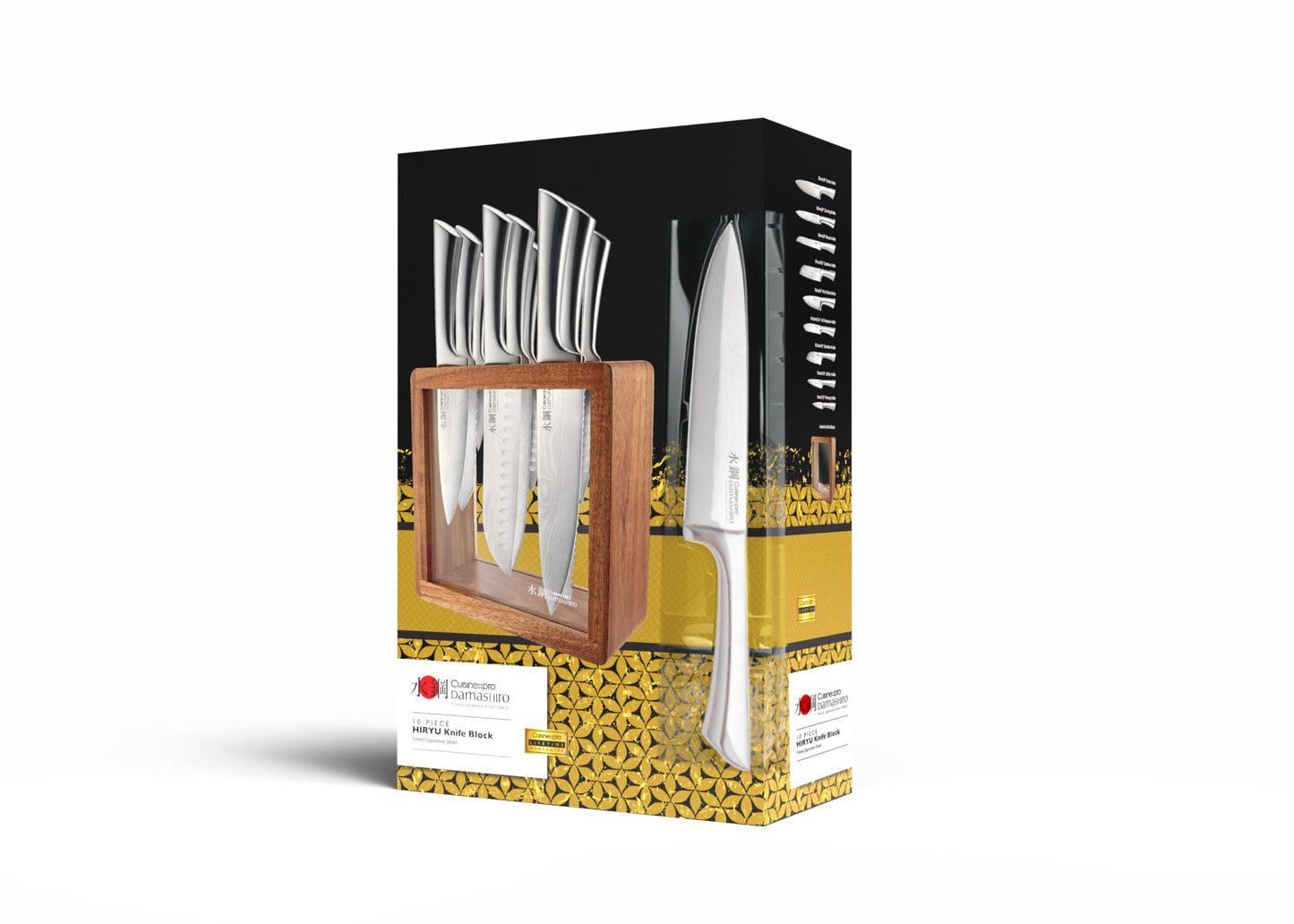 Cuisine::pro Damashiro Knife Block (Hiryu, 10-Piece Set) - Premium Japanese Steel Knife Set with Acacia Wood Block & Tempered Glass Window - Damascus-Inspired Blade