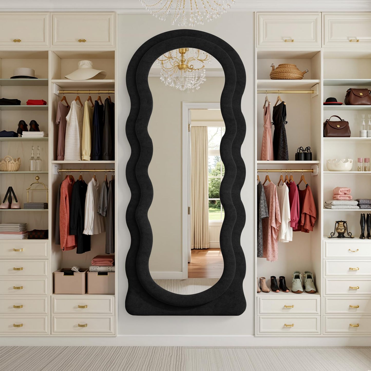 Anpark Full Length Mirror 71"x30" Irregular Wavy Full Body Wall Mounted Floor Mirror with Stand Black Flannel Frame Leaning Hanging Wall for Bedroom Entrance Hallway
