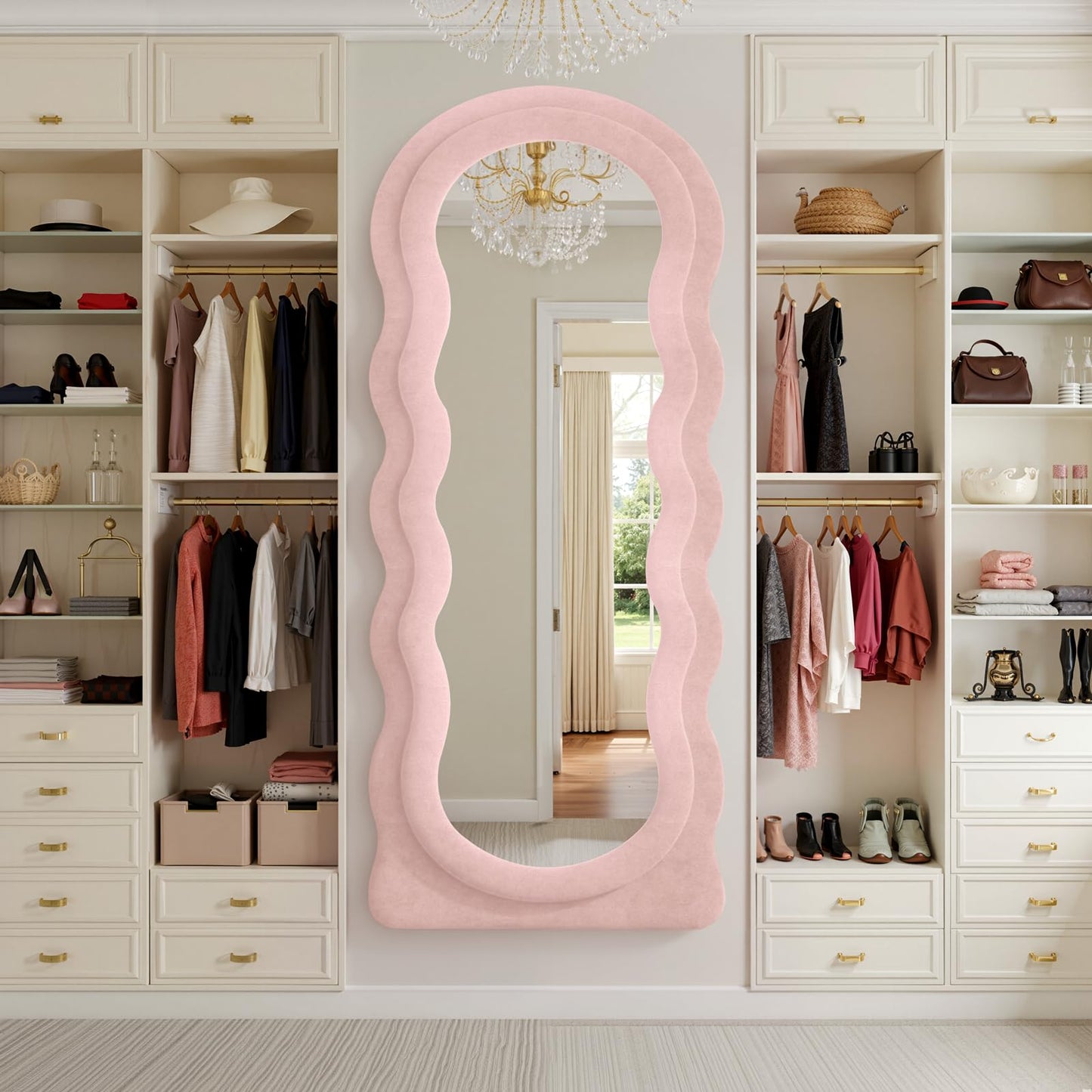 Anpark Full Length Mirror 71"x30" Irregular Wavy Full Body Wall Mounted Floor Mirror with Stand Pink Flannel Frame Leaning Hanging Wall for Bedroom Entrance Hallway
