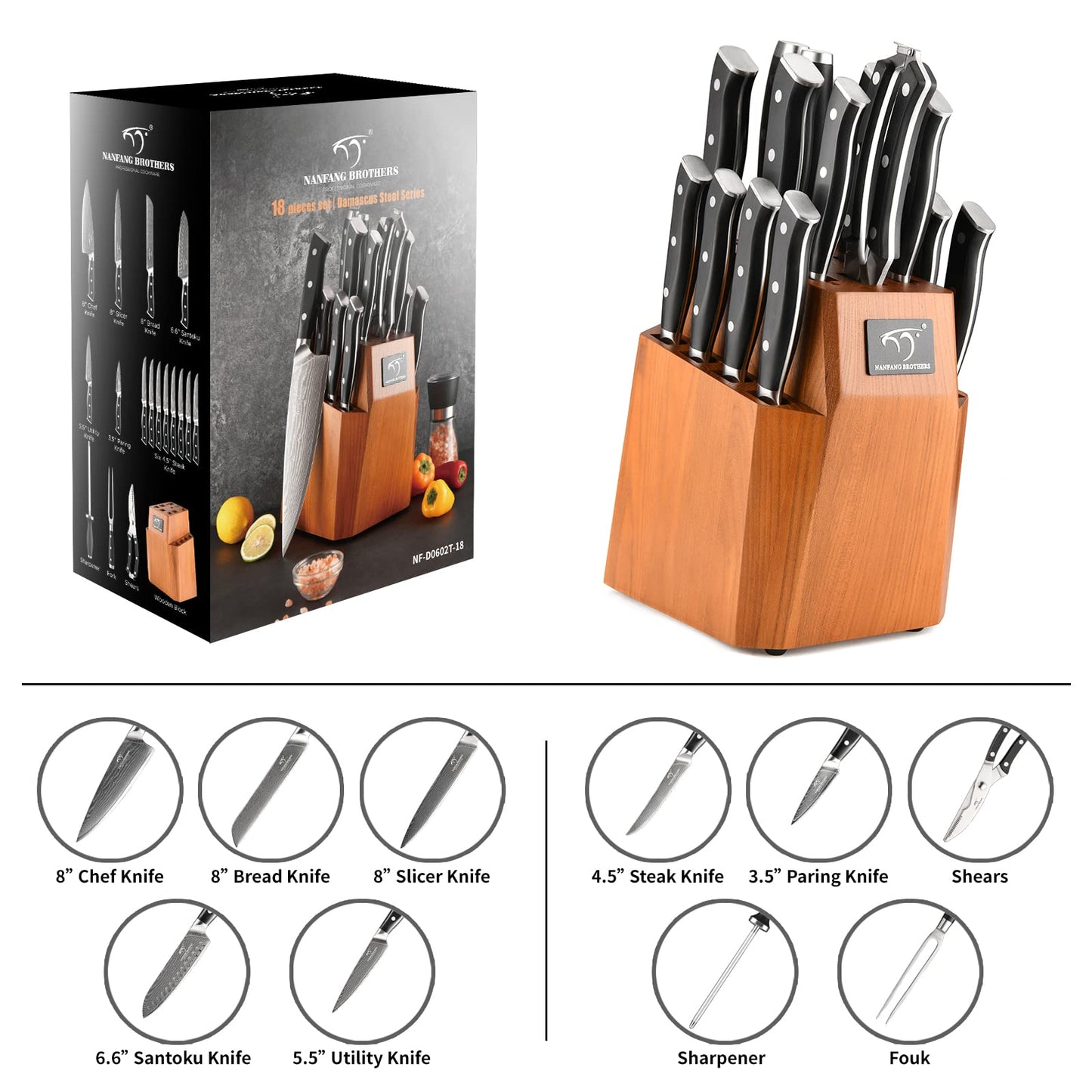 Knife Block Set, 18-Piece Damascus Kitchen Knife Sets with VG10 Core Blades, 67-Layer Damascus Steel, ABS Ergonomic Handle, Compact Knife Block Design, Suitable for Placement in Small Spaces