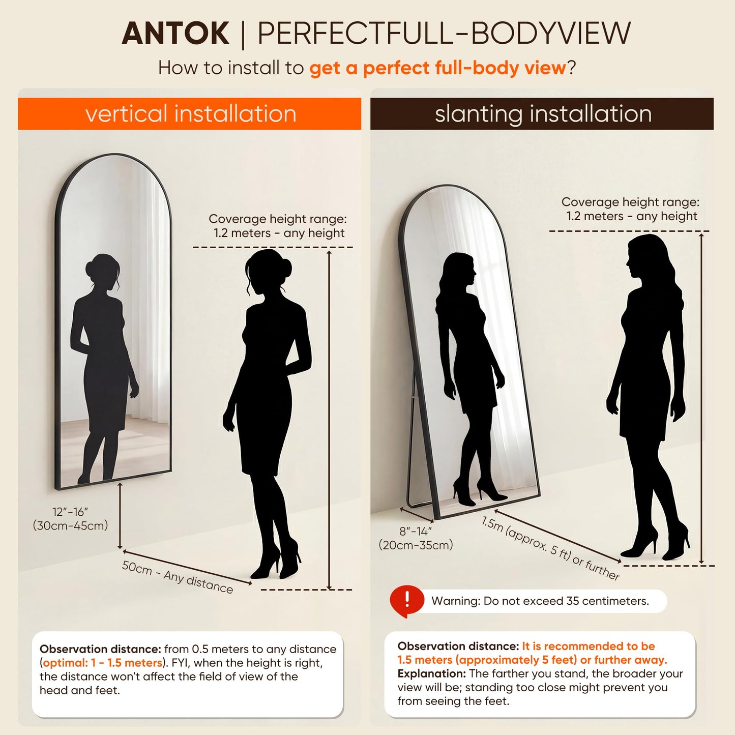 Antok 86" x46” Arched Full Length Floor Mirror, Black Aluminum Frame, Free Standing/Wall Mount/Leaning for Bedroom, Living Room, Dressing Room