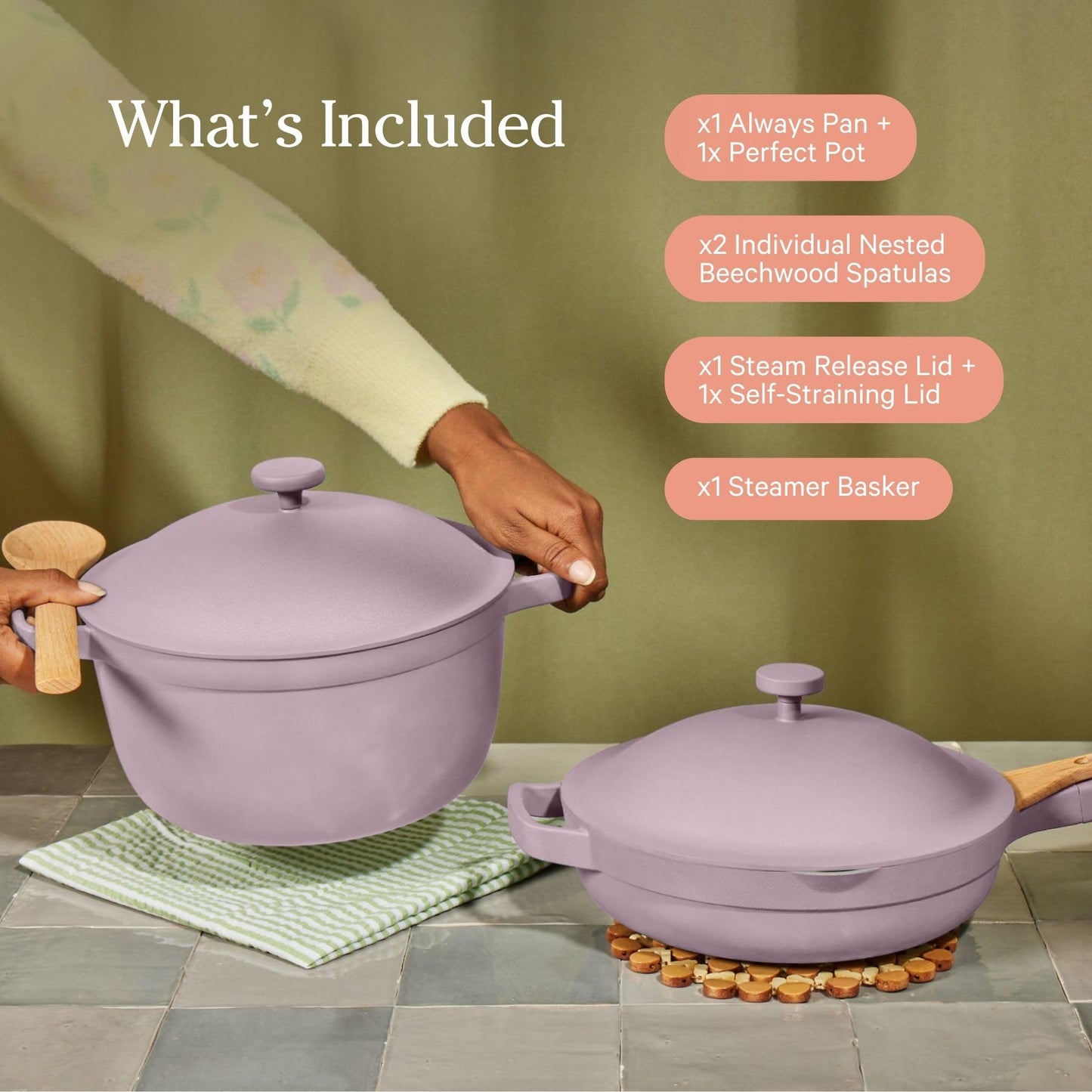 Our Place Cookware Duo | 7-Piece Ceramic Cookware Set with 10.5" Always Pan 2.0, 5.5 Qt Perfect Pot & Strainer Basket | Induction & Oven Safe up to 450°F | Nonstick, Non-Toxic Cookware | Steam
